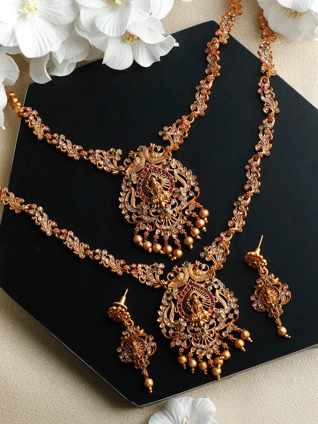 

Priyaasi Gold-Plated Real Kemp Goddess Laxmi Jewelry Set