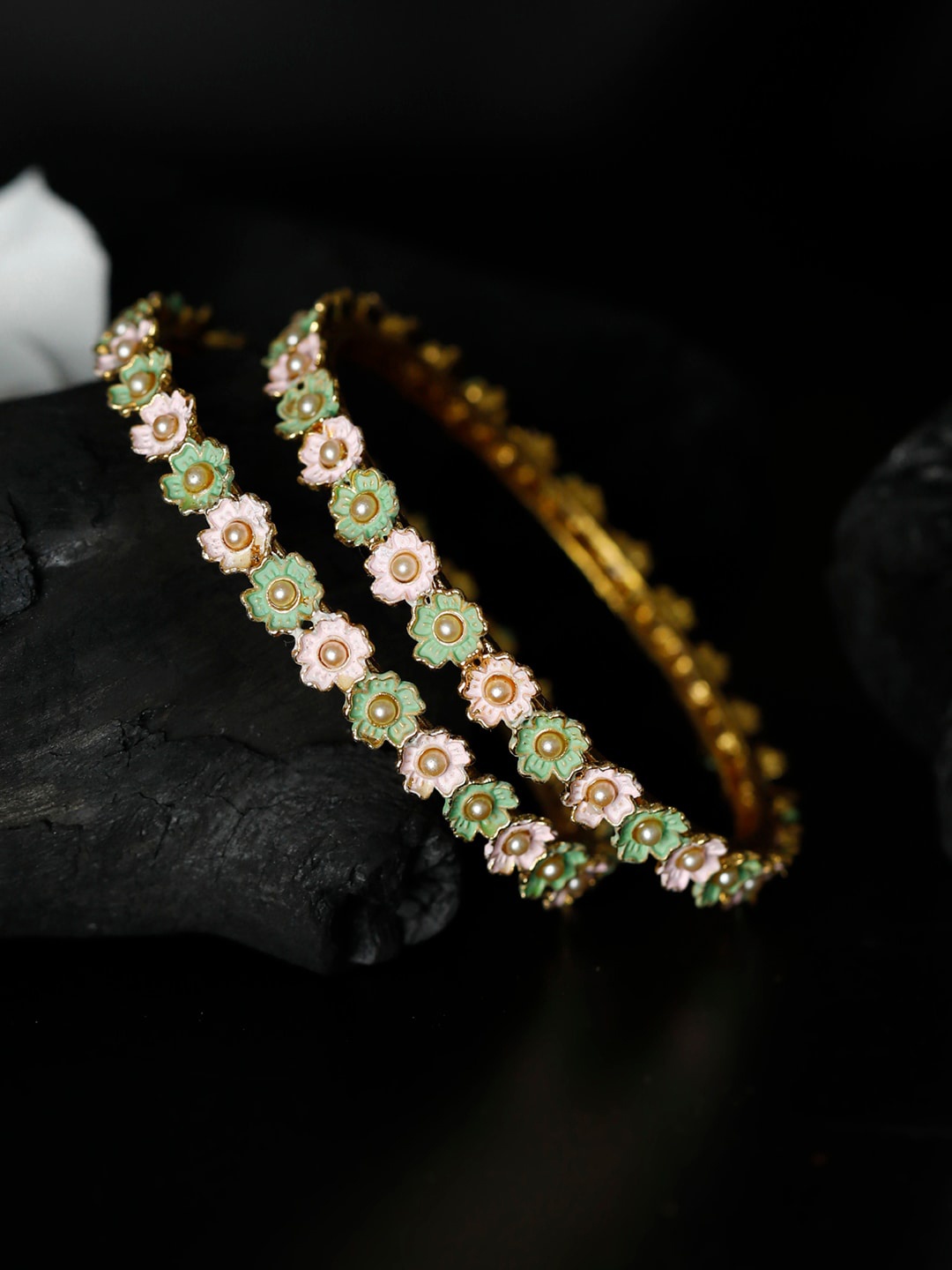 

Priyaasi Gold-Plated Pink & Green Set of 2 Meenakari Floral Bangles