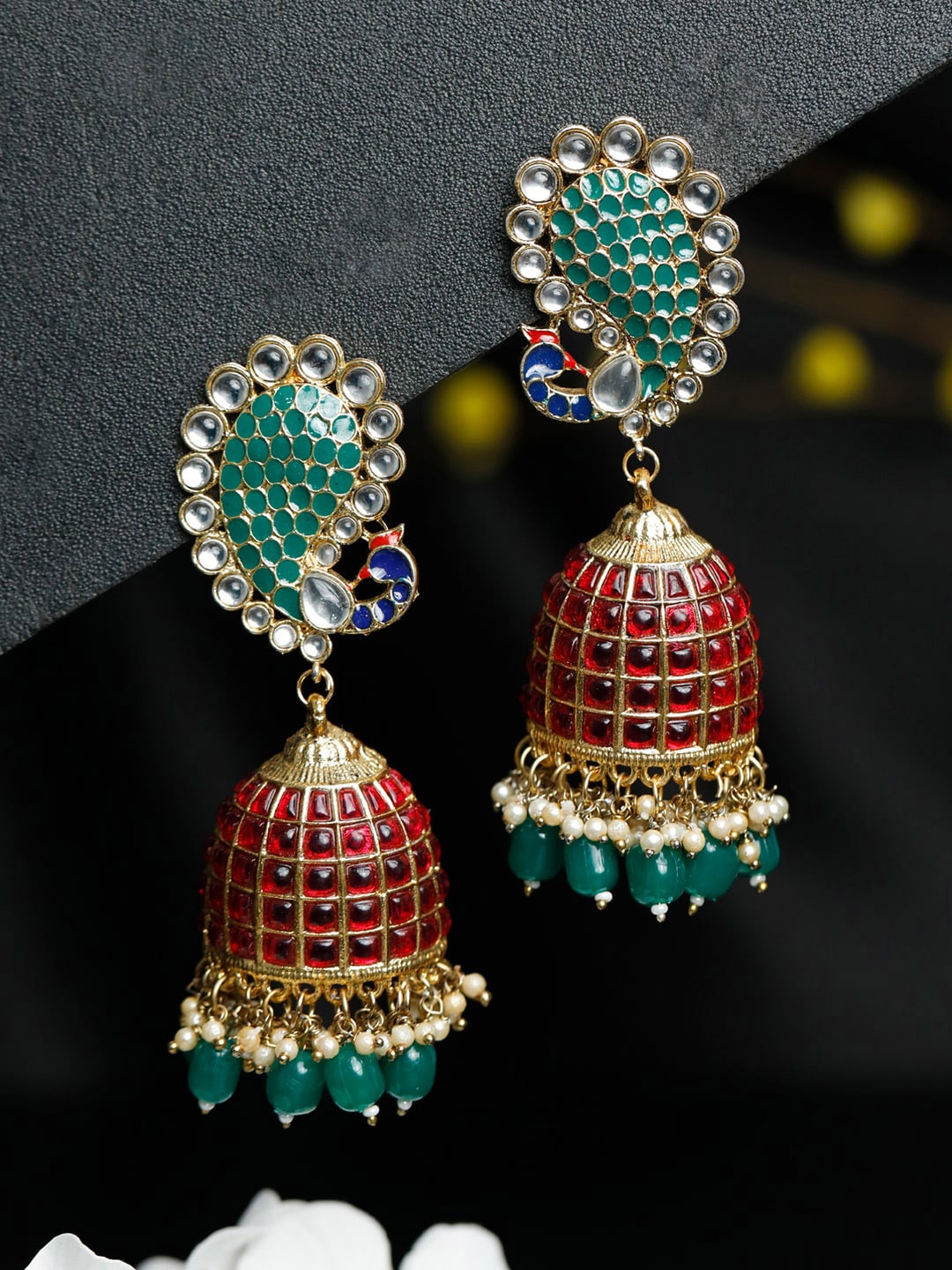 

Priyaasi Gold-Toned Peacock Shaped Jhumkas Earrings