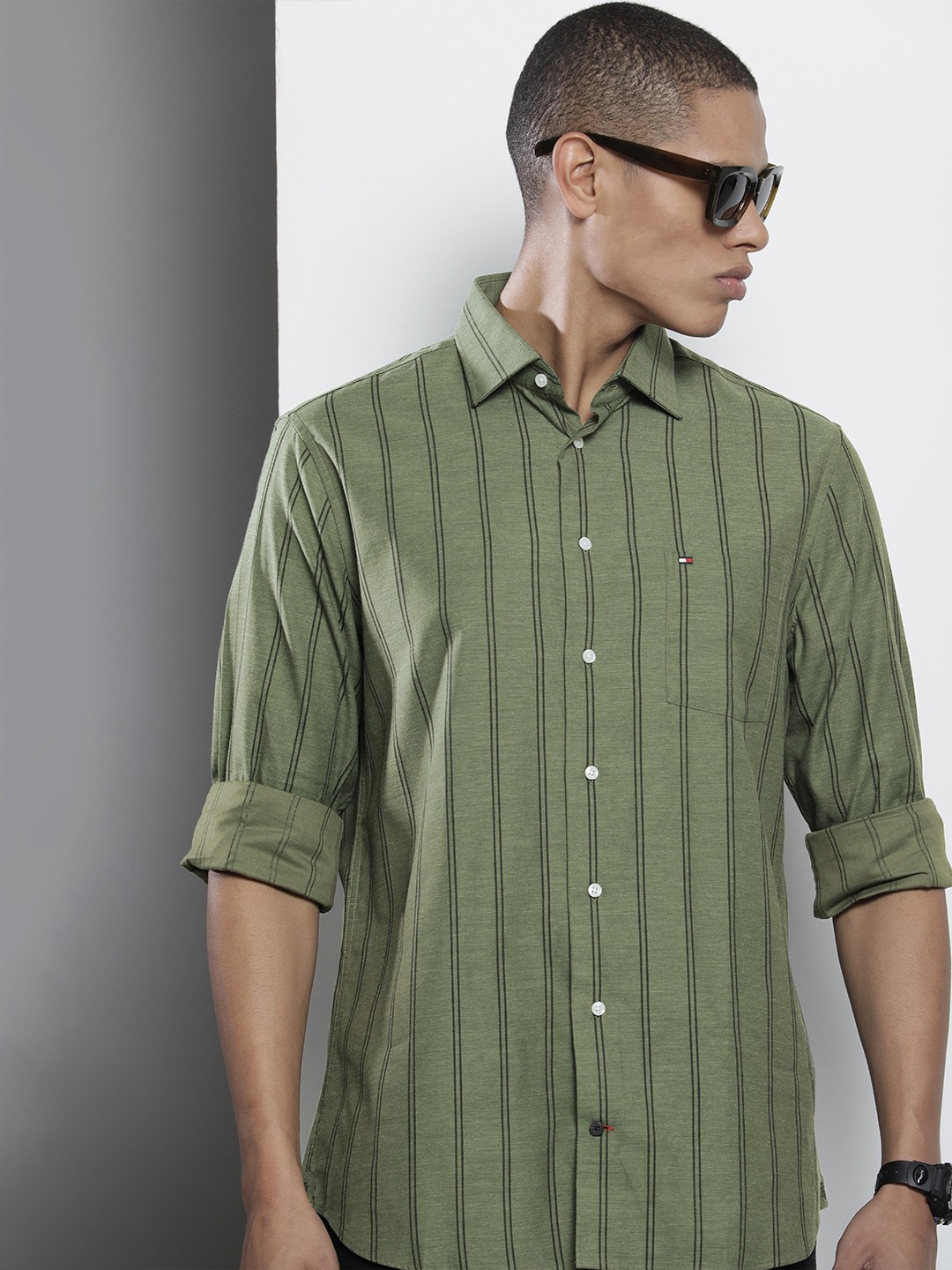 

Tommy Hilfiger Men Olive Green & Black Striped Casual Shirt