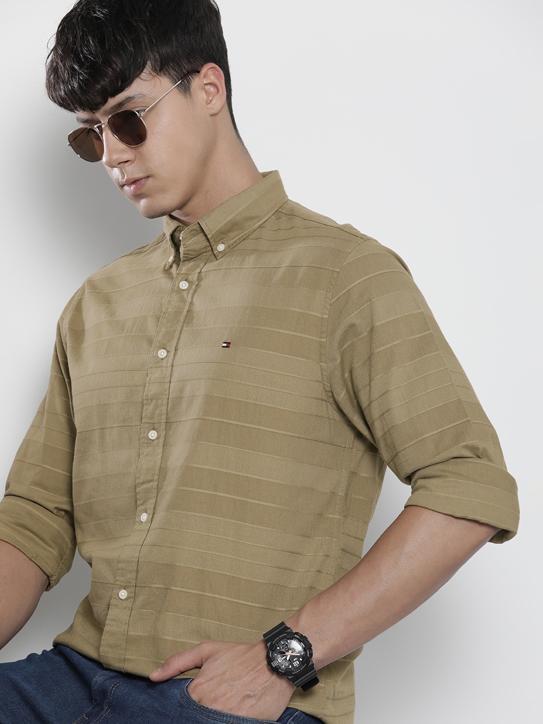 

Tommy Hilfiger Men Khaki Horizontal Striped Pure Cotton Casual Shirt