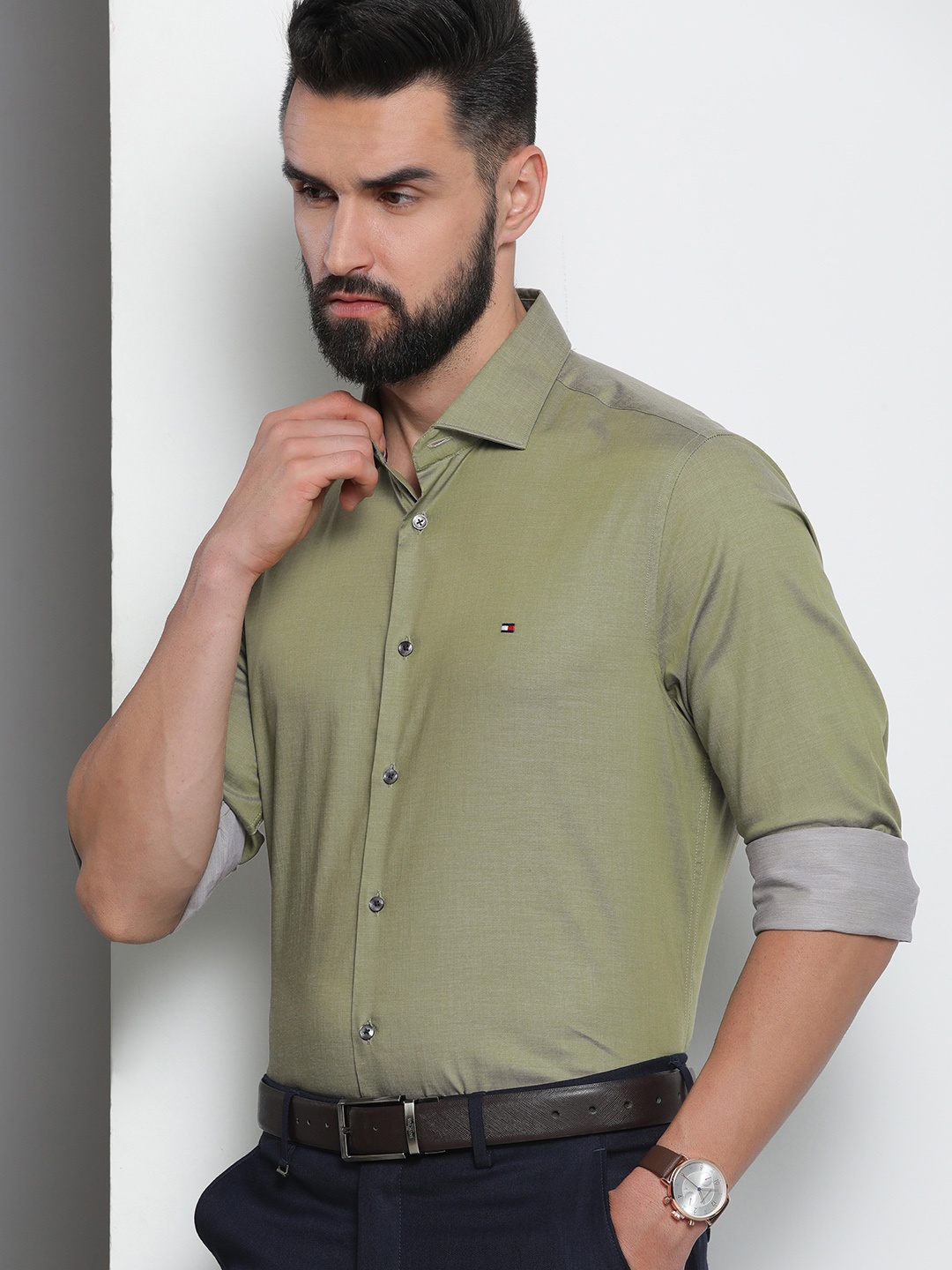 

Tommy Hilfiger Men Slim Fit Solid Pure Cotton Formal Shirt, Olive