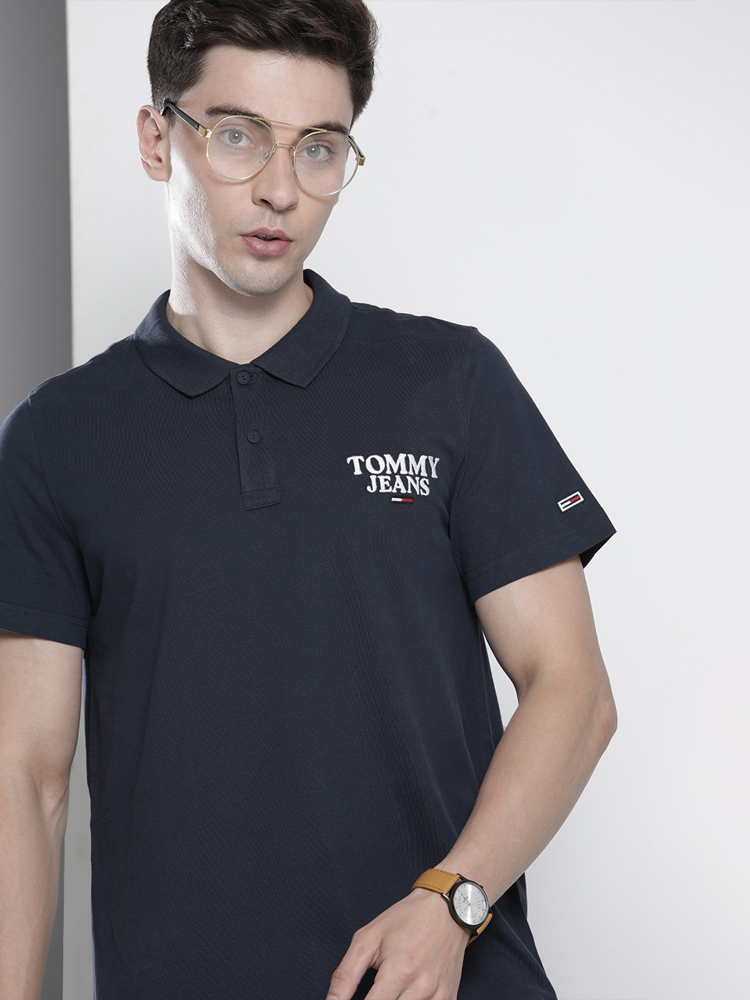 

Tommy Hilfiger Men Navy Blue Brand Logo Printed Polo Collar Pure Cotton T-shirt