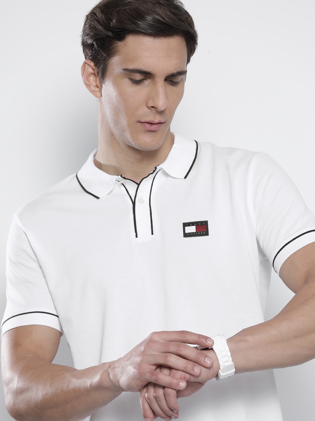 

Tommy Hilfiger Men White Brand Logo Printed Polo Collar Pure Cotton T-shirt