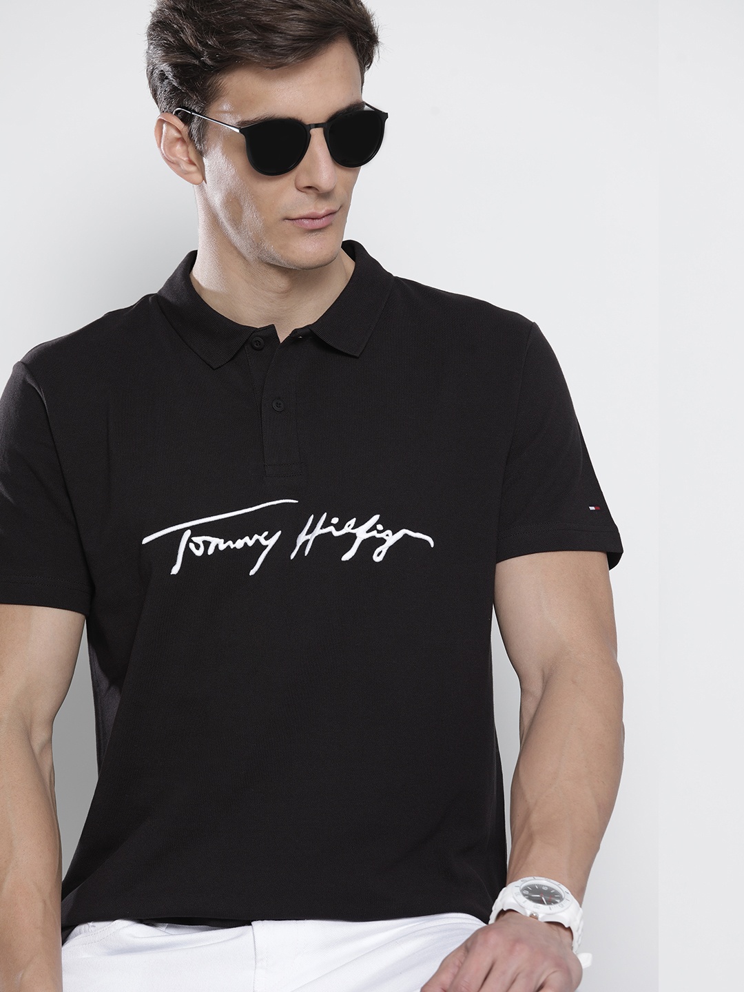 

Tommy Hilfiger Men Black Brand Logo Printed Polo Collar Pure Cotton T-shirt