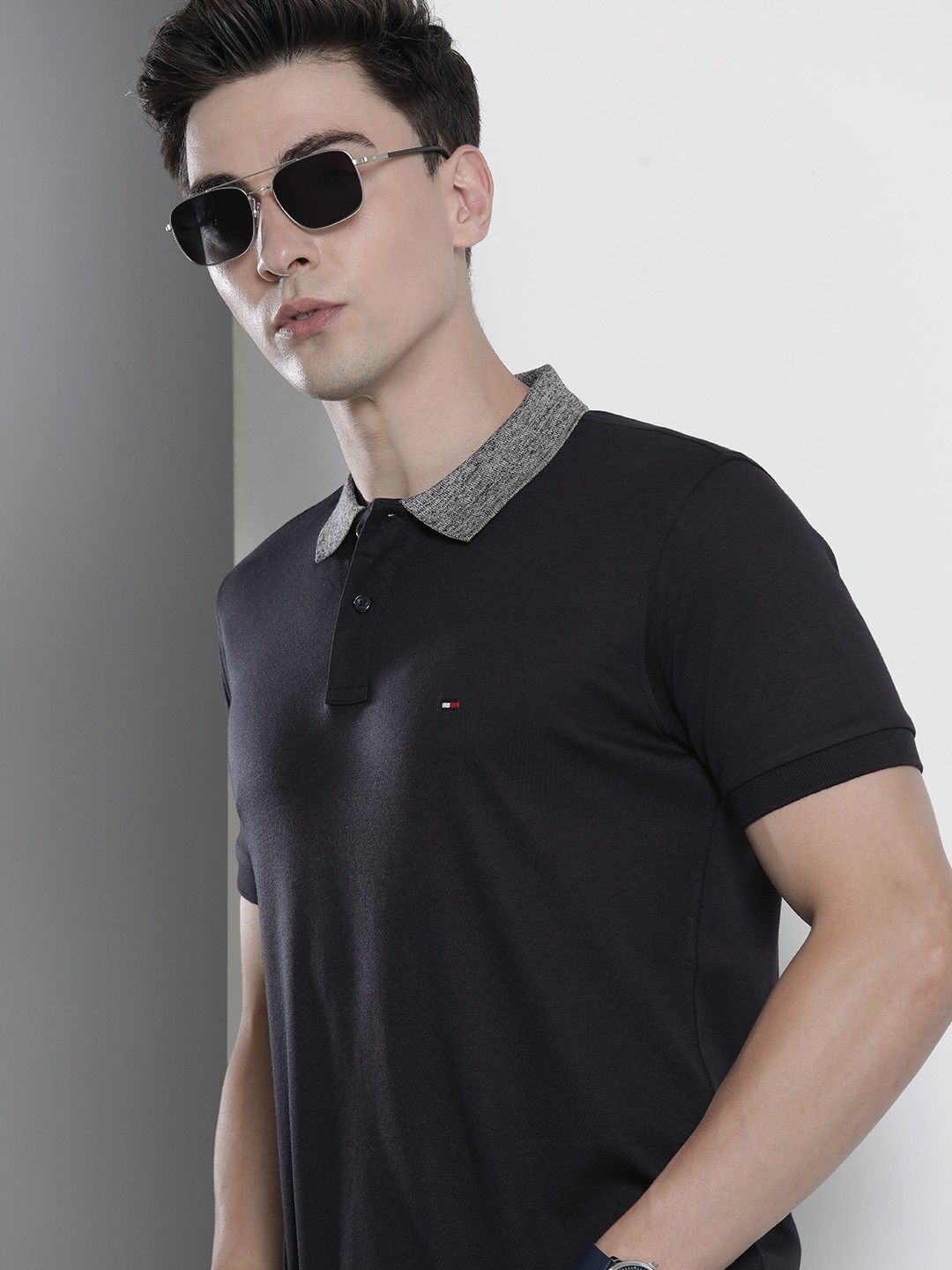 

Tommy Hilfiger Men Navy Blue & Grey Brand Logo Polo Collar Organic Cotton T-shirt