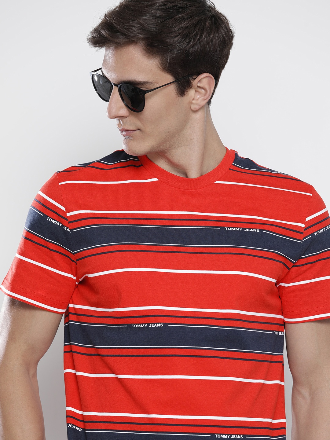 

Tommy Hilfiger Men Red & Navy Blue Striped Pure Organic Cotton T-shirt