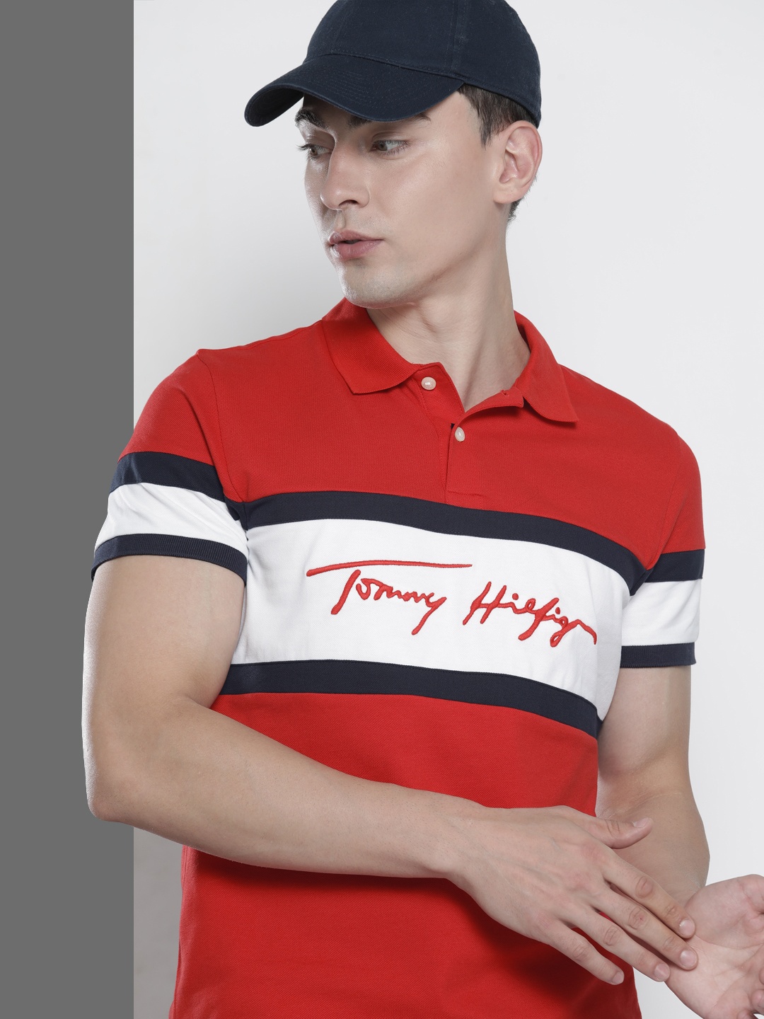 

Tommy Hilfiger Men Red & White Colourblocked Polo Collar Embroidered Slim Fit T-shirt