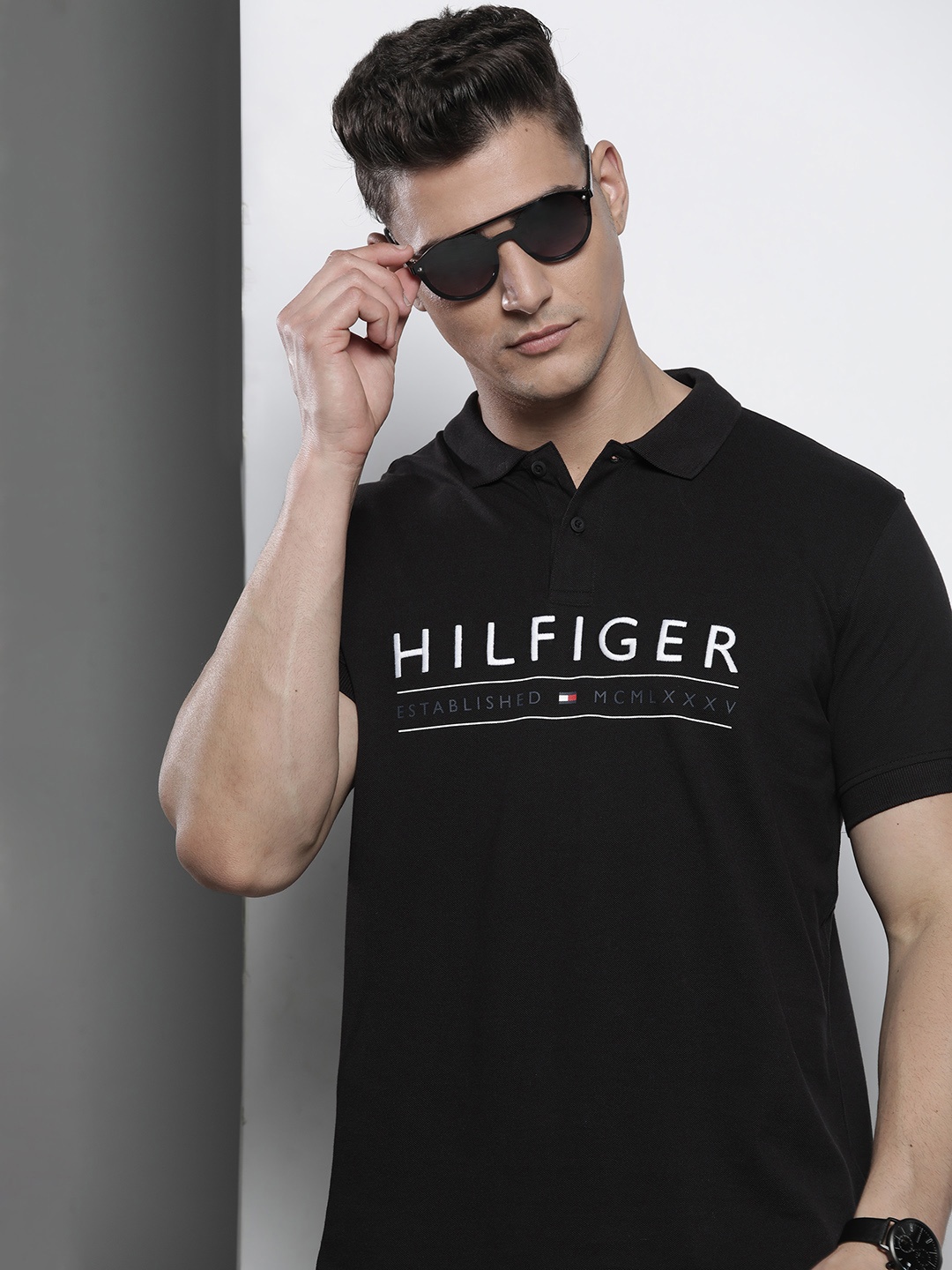 

Tommy Hilfiger Men Black & White Printed Polo Collar Organic Cotton T-shirt