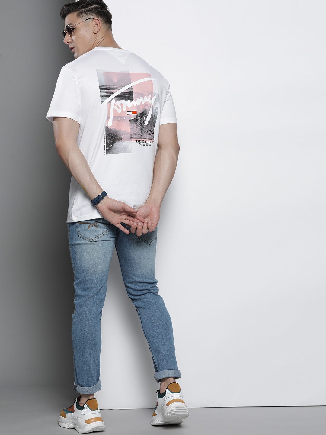Tommy Hilfiger Men White Brand Logo Graphic Placement & Back Print Pure Cotton T-shirt