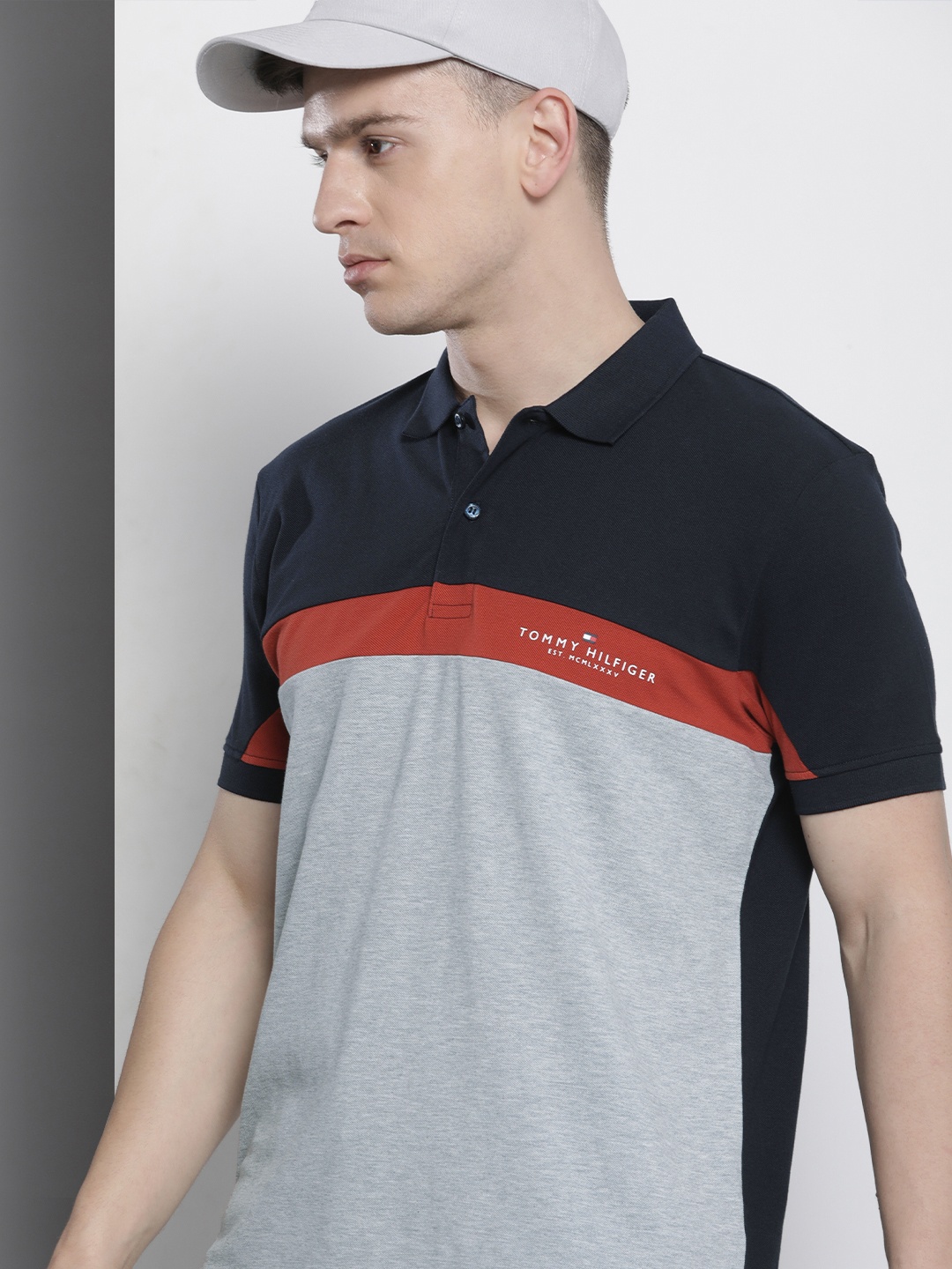 

Tommy Hilfiger Men Grey & Navy Blue Colourblocked Polo Collar Pure Cotton T-shirt