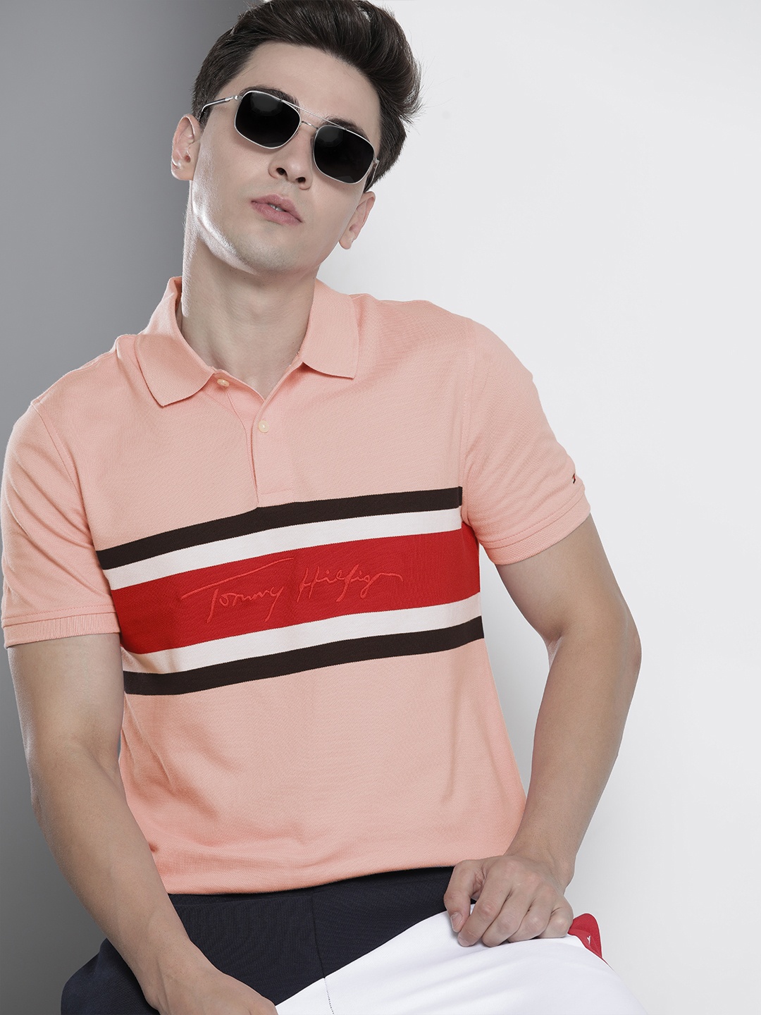 

Tommy Hilfiger Men Pink & Red Striped Polo Collar Embroidered Pure Cotton T-shirt