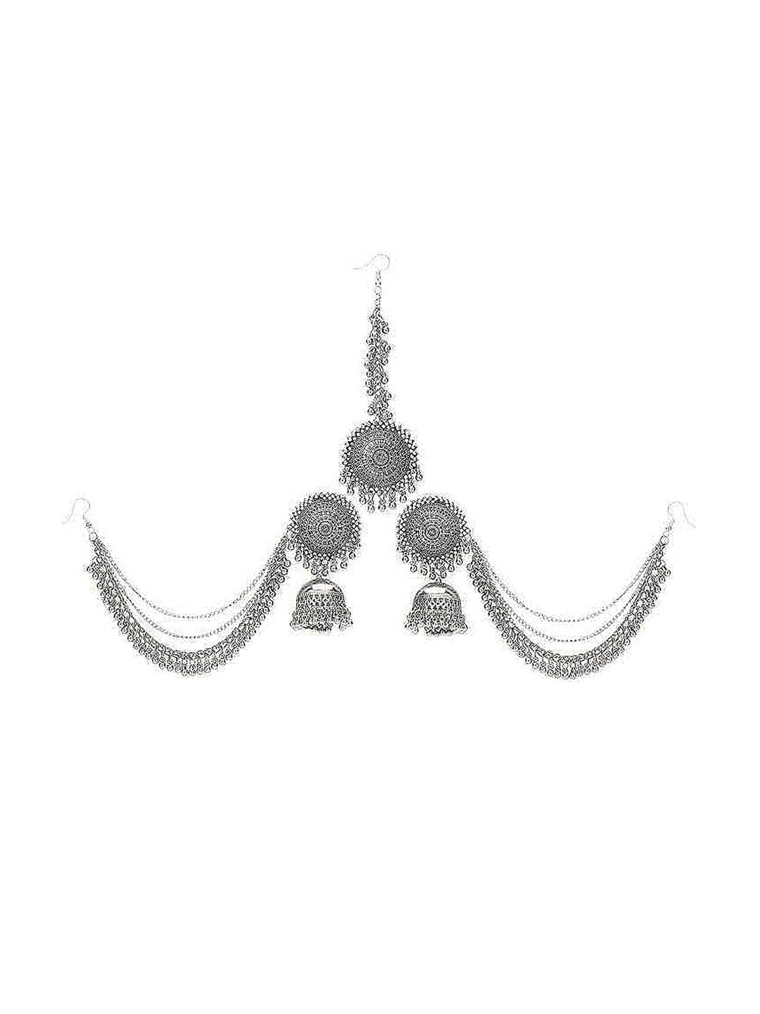 

Vembley Silver-Toned Classic Jhumkas Earrings With Maang Tika Set