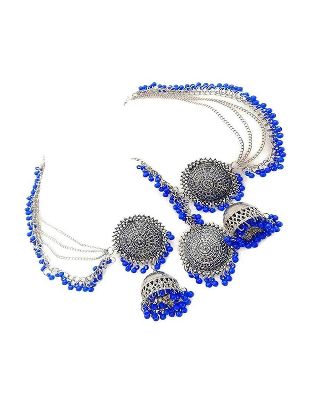 

Vembley Silver-Toned & Blue Beads Bahubali Jhumka Earrings With Maang Tikka Set