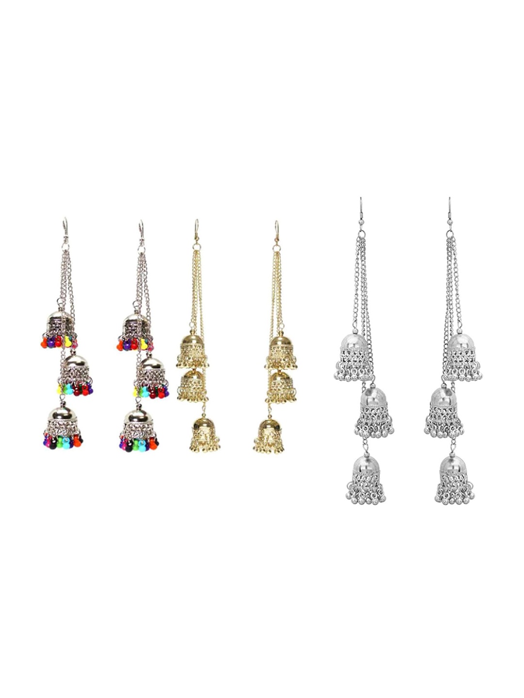 

Vembley Silver-Toned Pack Of 3 Triple Alloy Dangler and Jhumki Drop Earrings