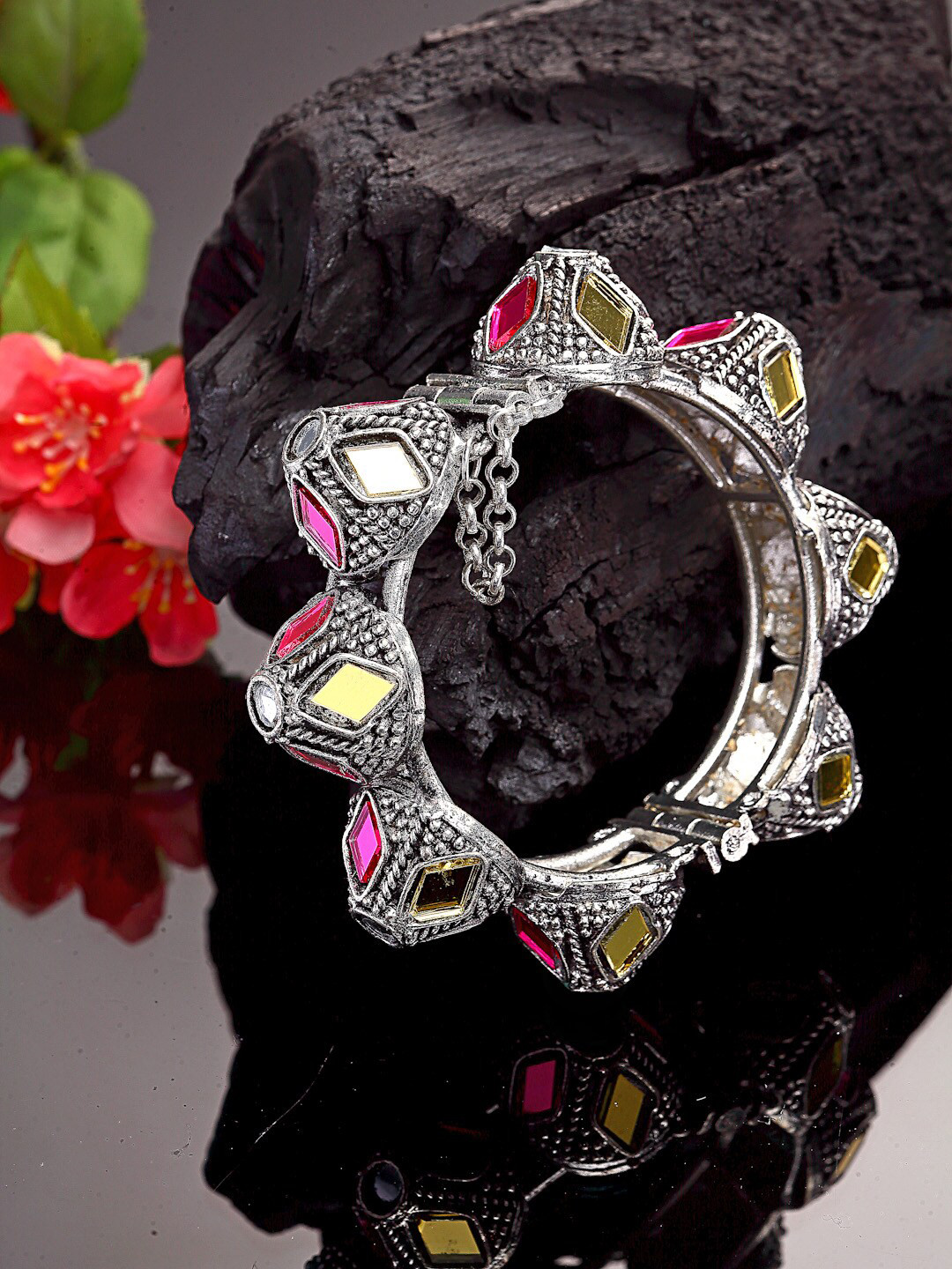 

Moedbuille Women Silver & Magenta Brass Crystals Mirror Work Silver Plated Cuff Bracelet