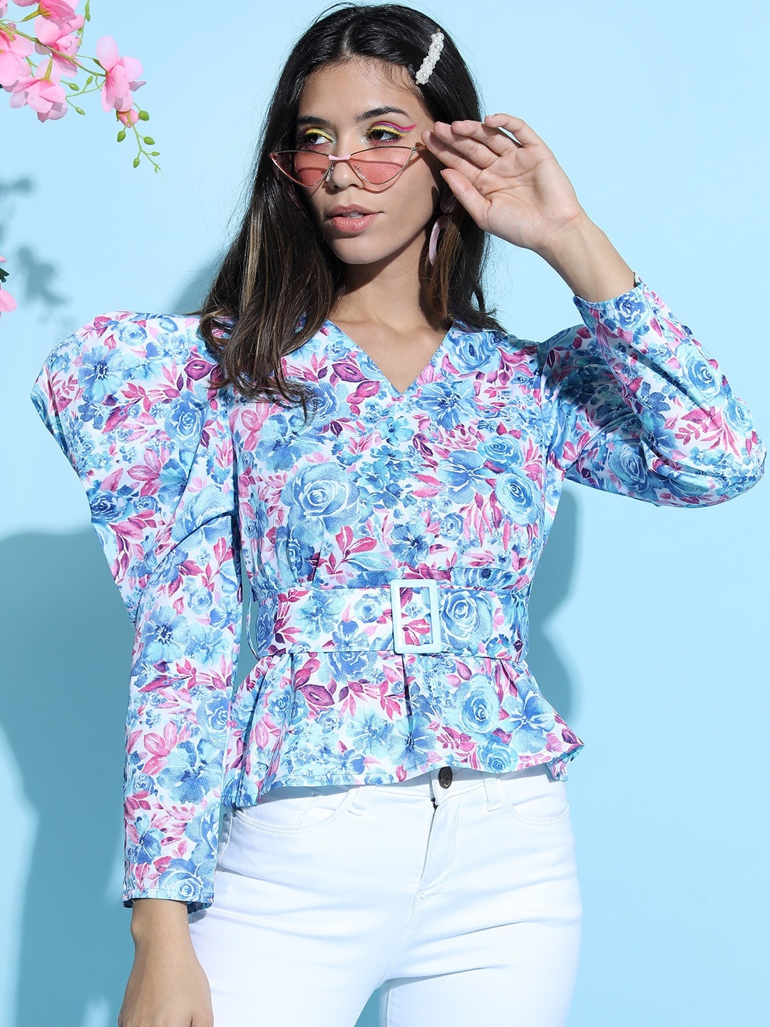 

Tokyo Talkies Blue Floral Print Wrap Top