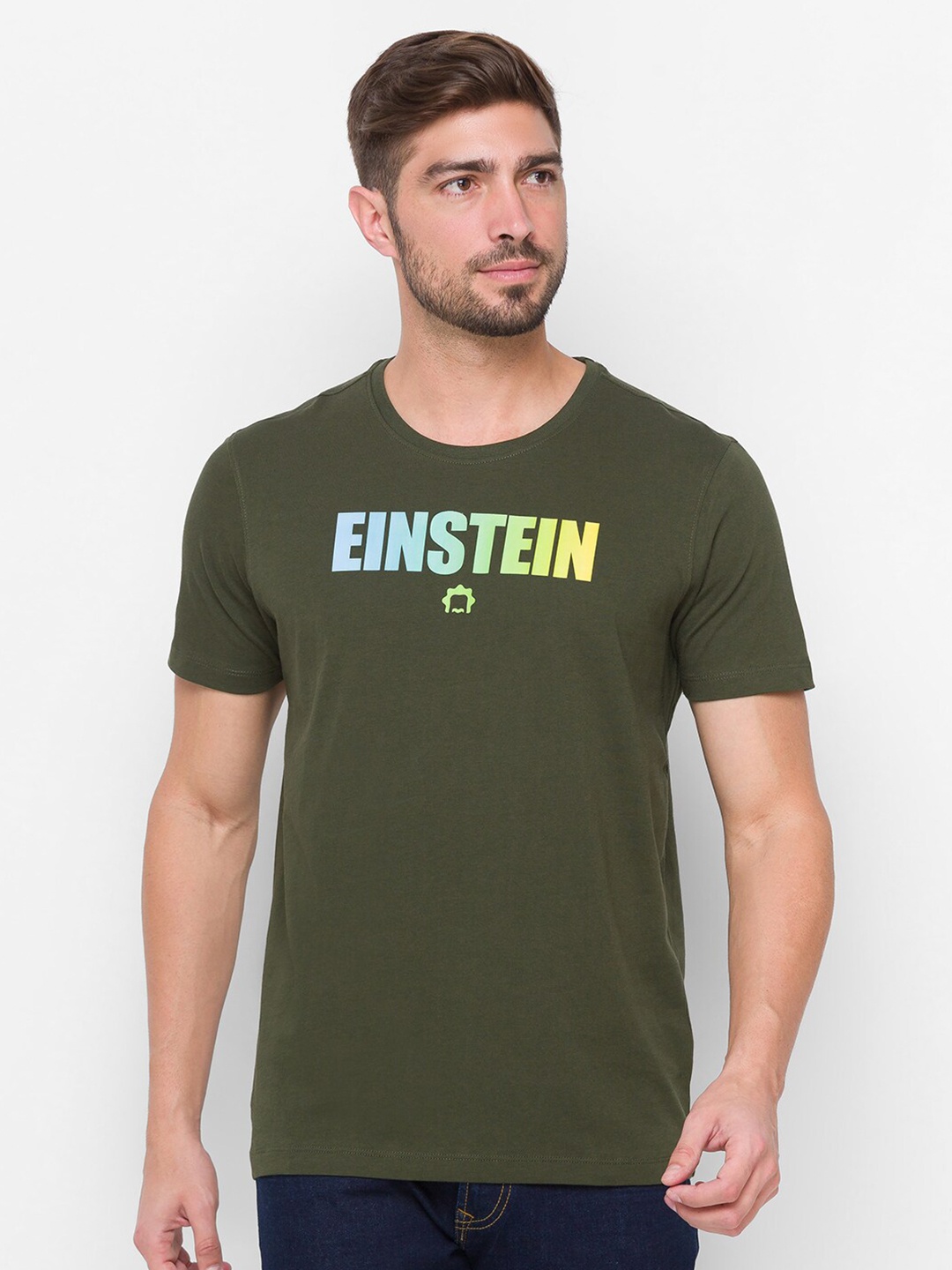

SPYKAR Men Olive Green Albert Einstein Printed Slim Fit Cotton T-shirt