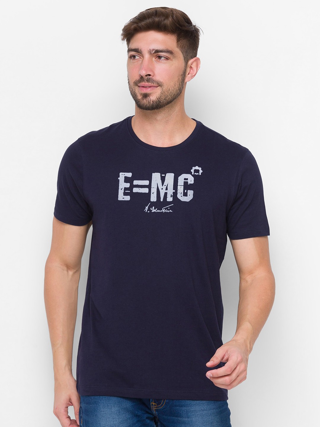 

SPYKAR Men Navy Blue Typography Printed Slim Fit Cotton T-shirt