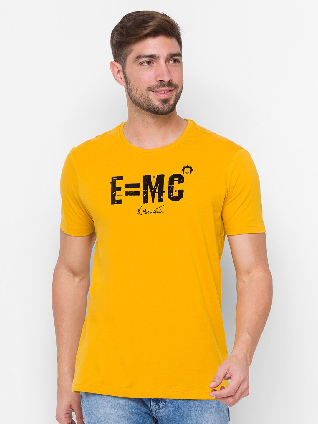 

SPYKAR Men Mustard Yellow Typography Printed Slim Fit Cotton T-shirt