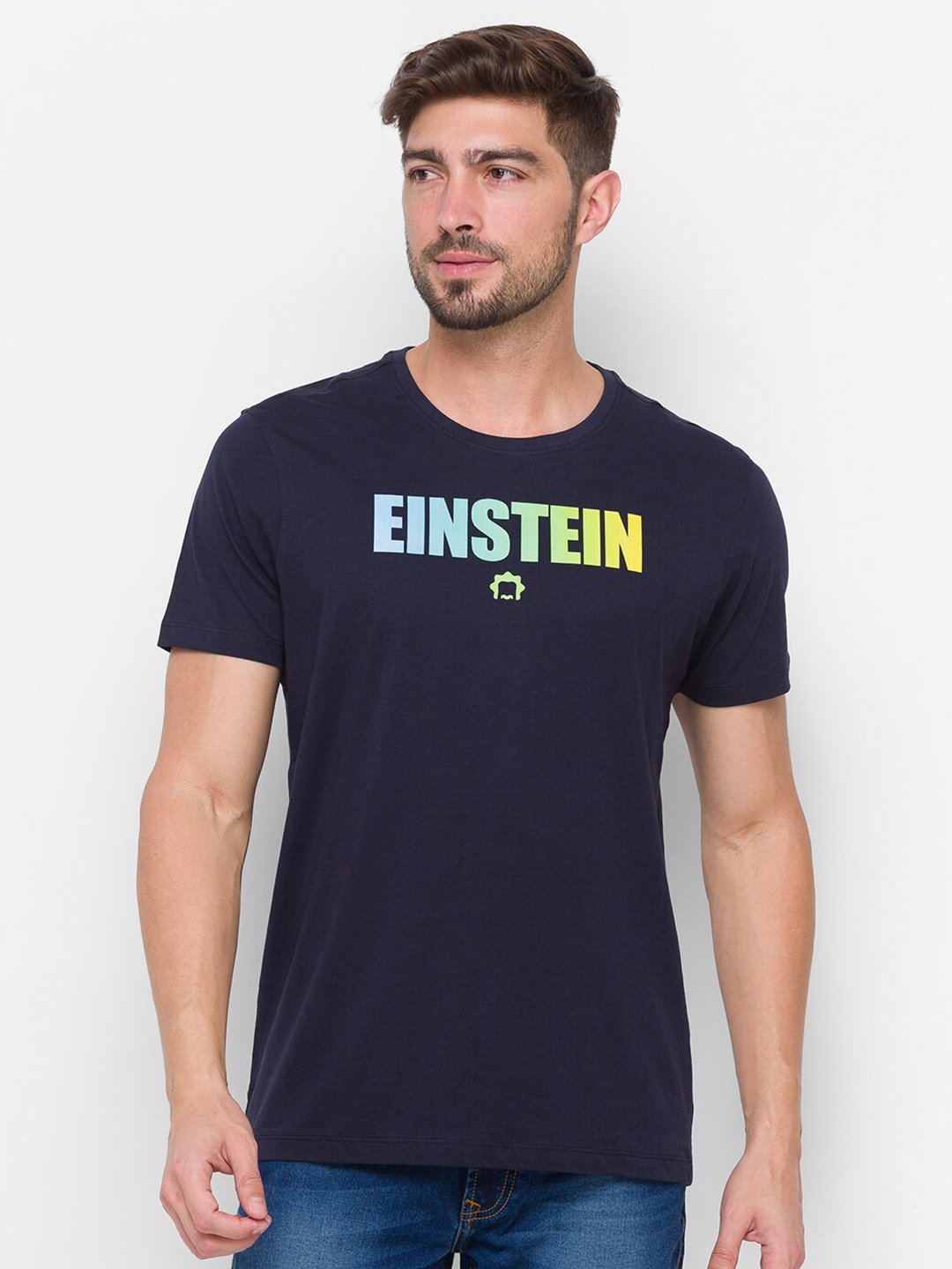 

SPYKAR Men Navy Blue Albert Einstein Printed Slim Fit Cotton T-shirt