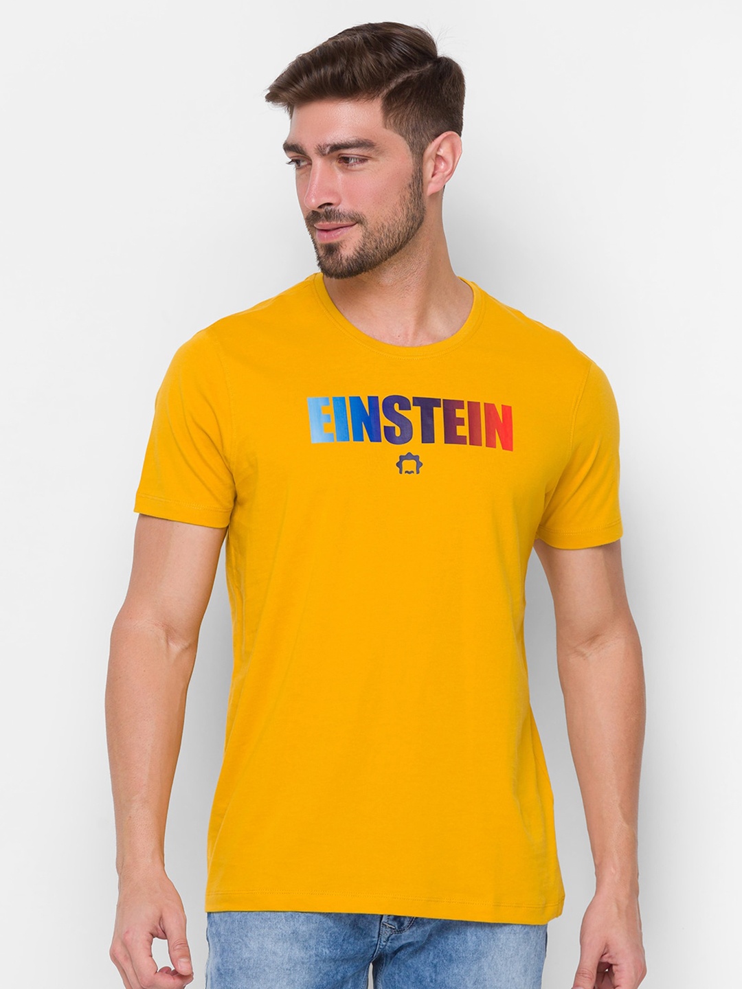 

SPYKAR Men Mustard Yellow Albert Einstein Printed Slim Fit Cotton T-shirt