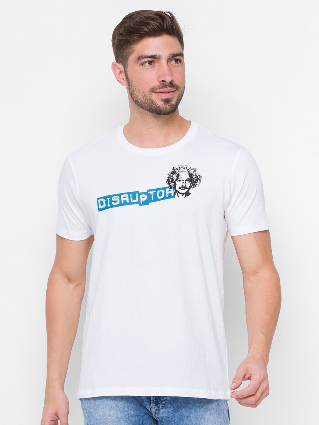 

SPYKAR Men White Albert Einstein Printed Slim Fit Cotton T-shirt