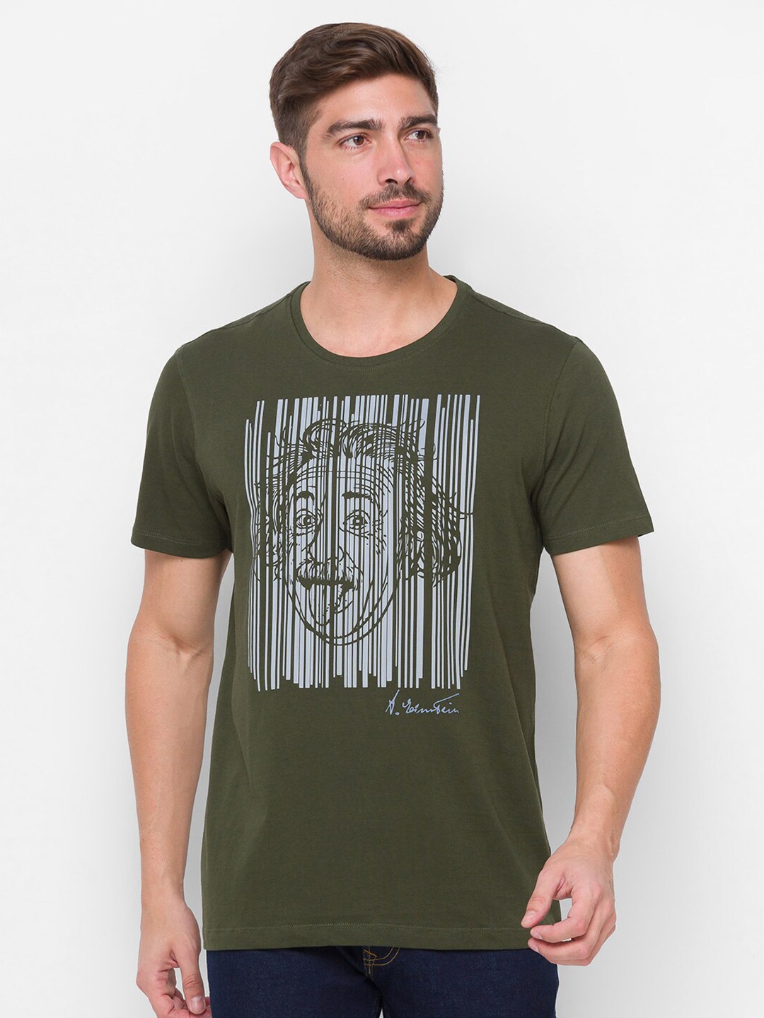 

SPYKAR Men Olive Green & White Albert Einstein Printed Slim Fit Cotton T-shirt