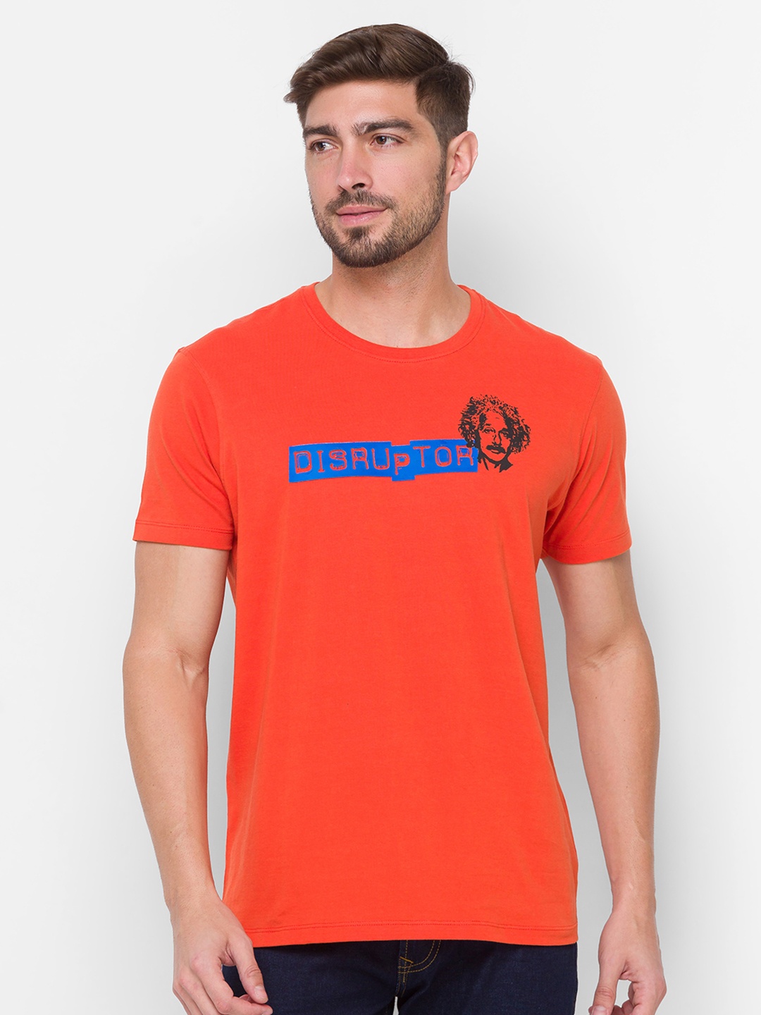 

SPYKAR Men Orange & Blue Typography Printed Slim Fit Cotton T-shirt