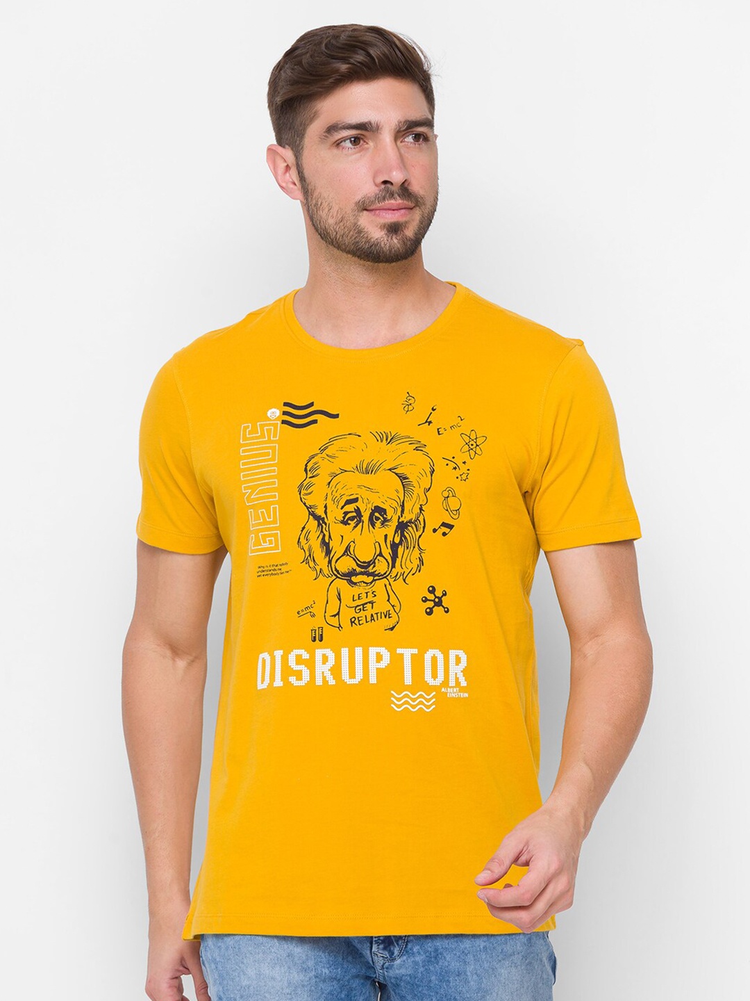 

SPYKAR Men Mustard Yellow Albert Einstein Slim Fit Cotton T-shirt