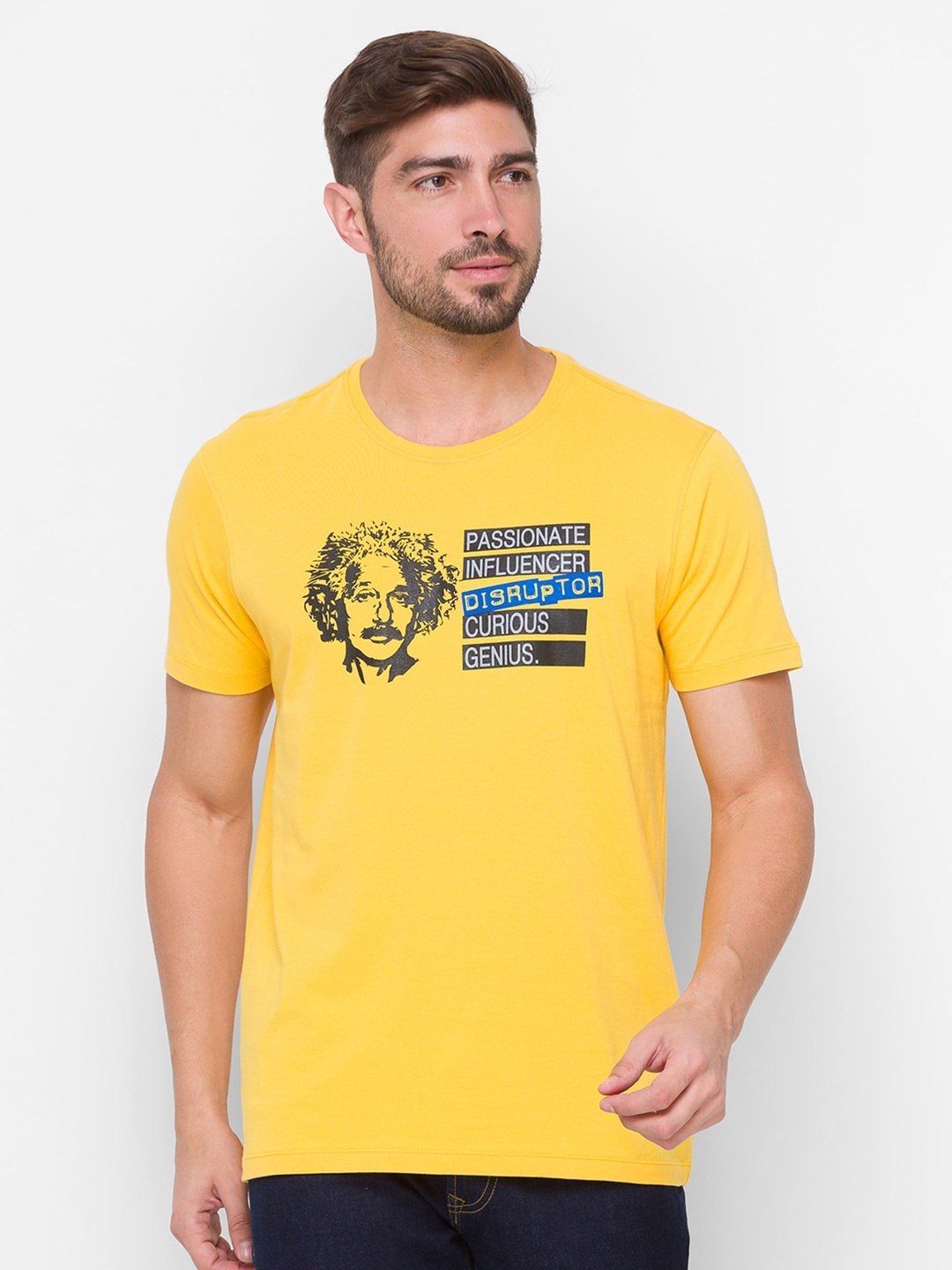 

SPYKAR Men Yellow Albert Einstein Printed Slim Fit Cotton T-shirt