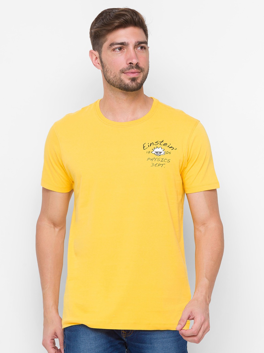 

SPYKAR Men Yellow Albert Einstein Printed Slim Fit Cotton T-shirt