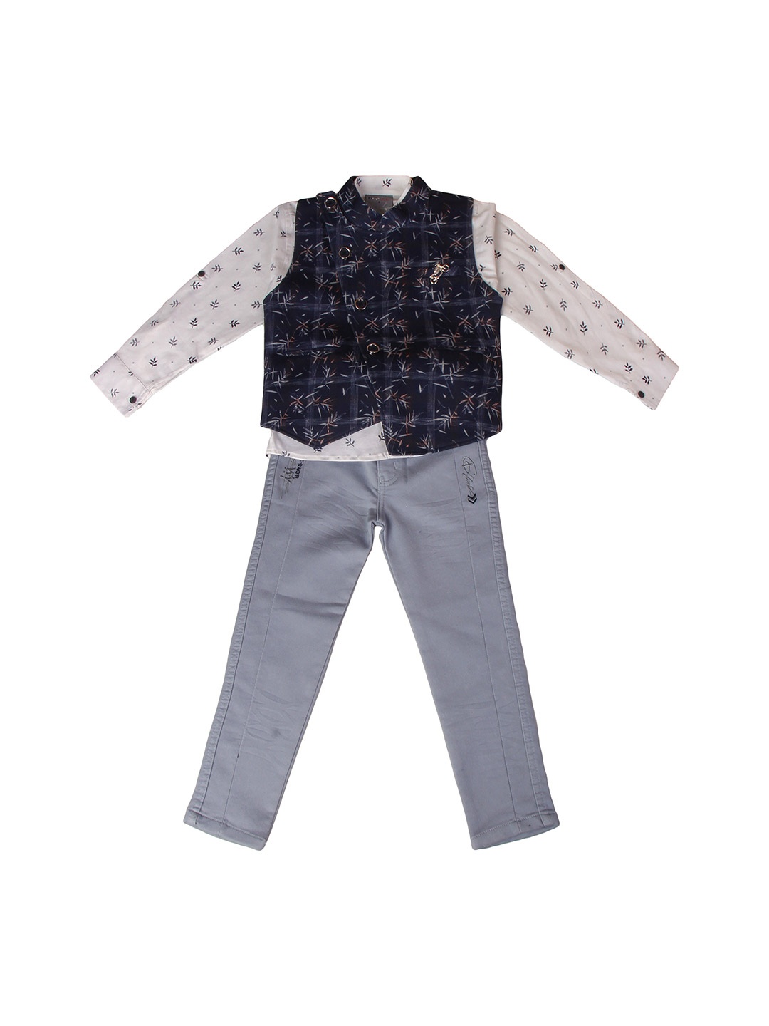 

Dapper dudes Boys Navy Blue & Grey Printed 3-Piece Suit