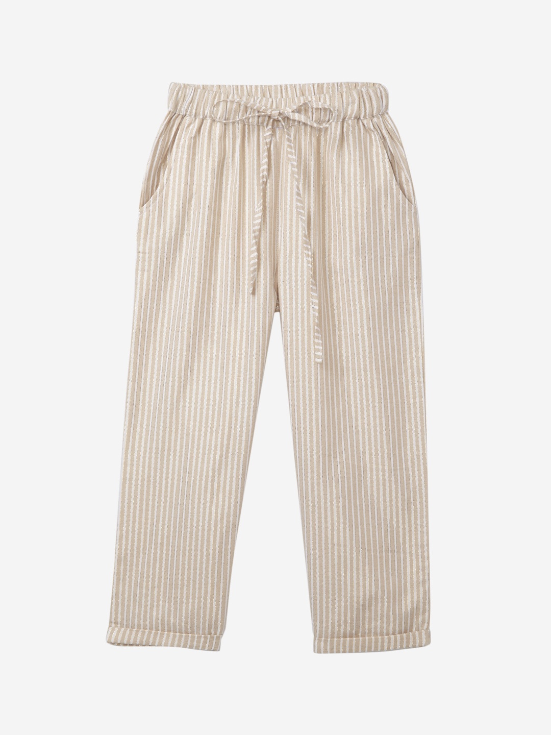 

Cub McPaws Girls Cream-Coloured Striped Regular Trousers