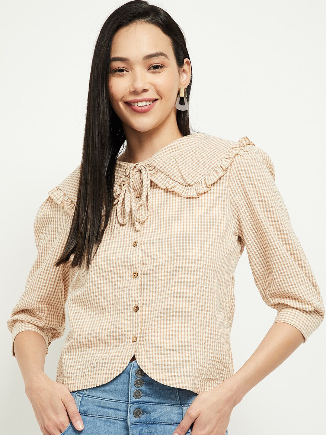 

max Women Beige Checked Tie-Up Neck Shirt Style Top