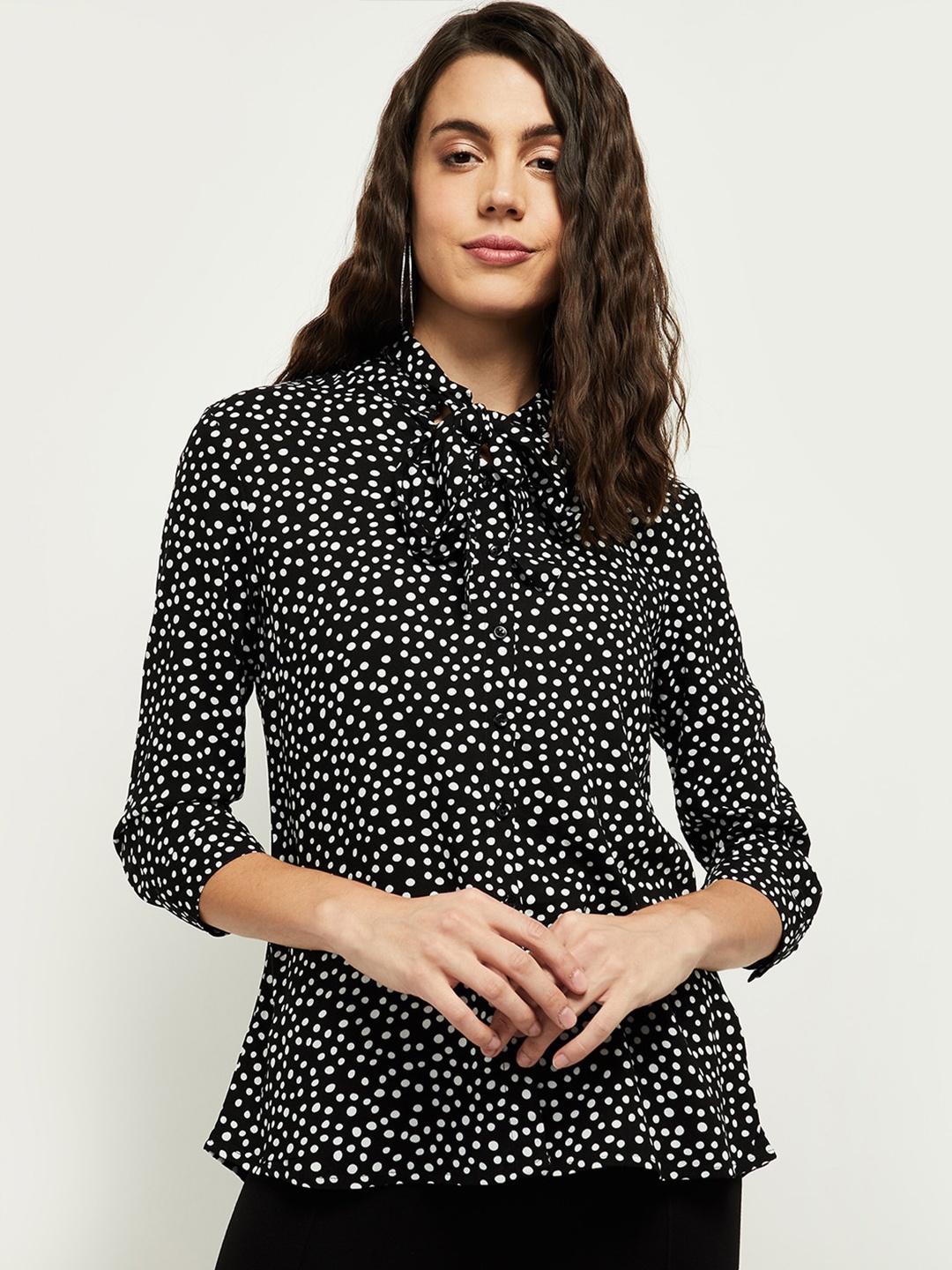 

max Black & White Polka Dots Print Tie-Up Neck Shirt Style Top