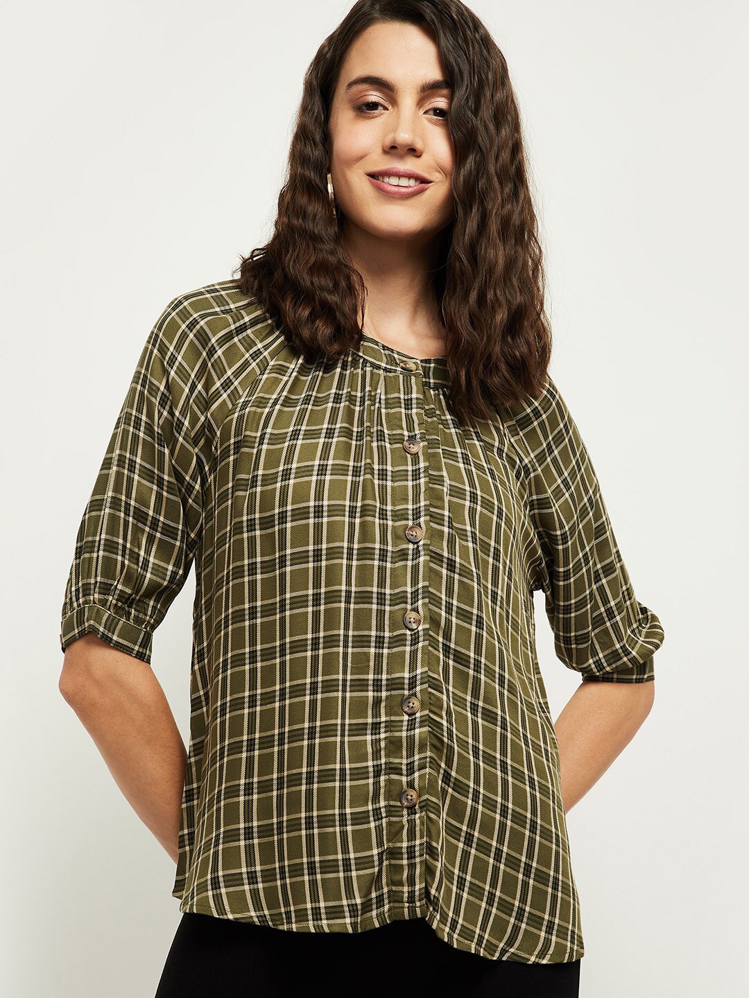 

max Olive Green Checked Shirt Style Top