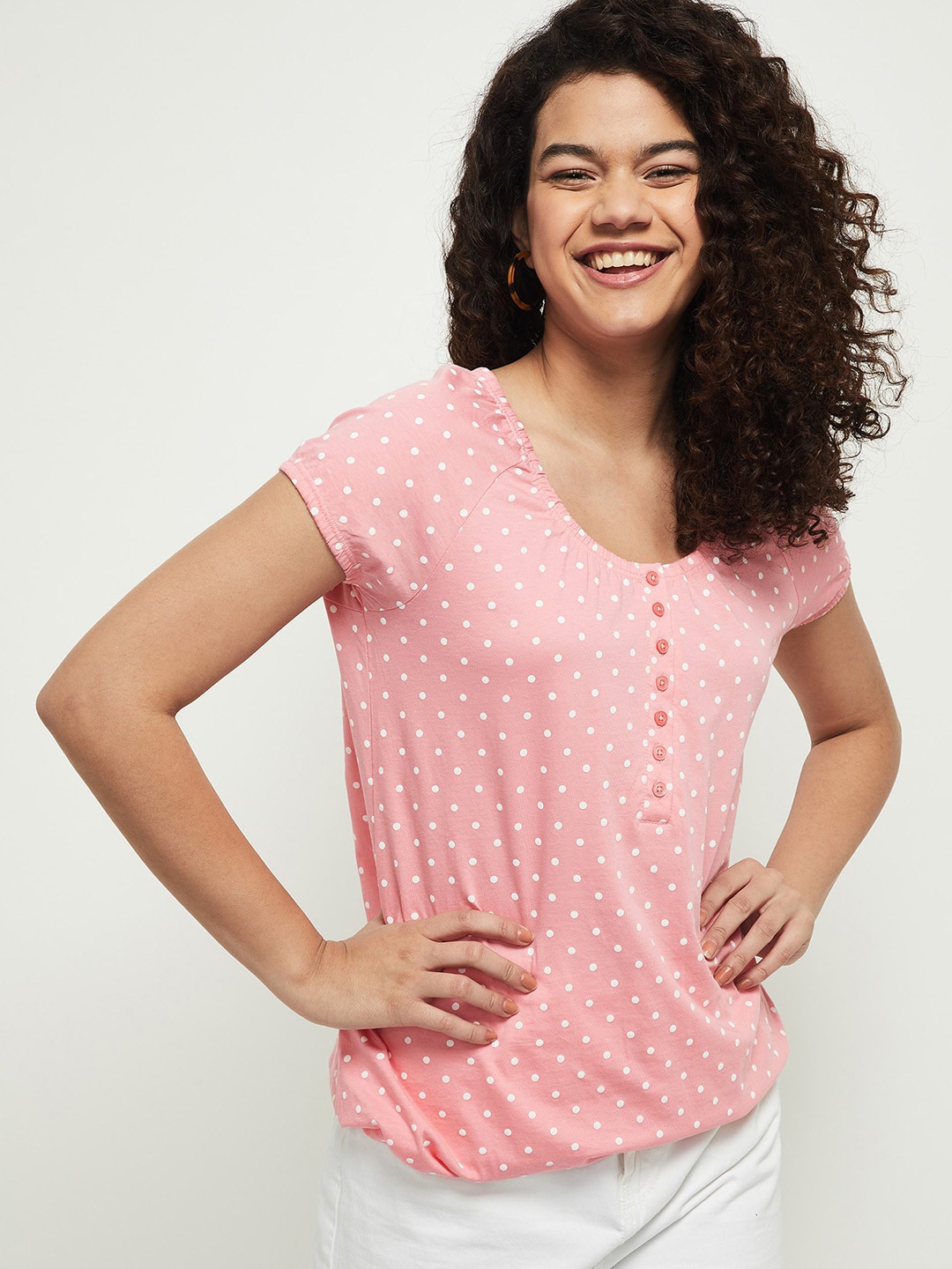 

max Pink & White Polka Dots Printed Top
