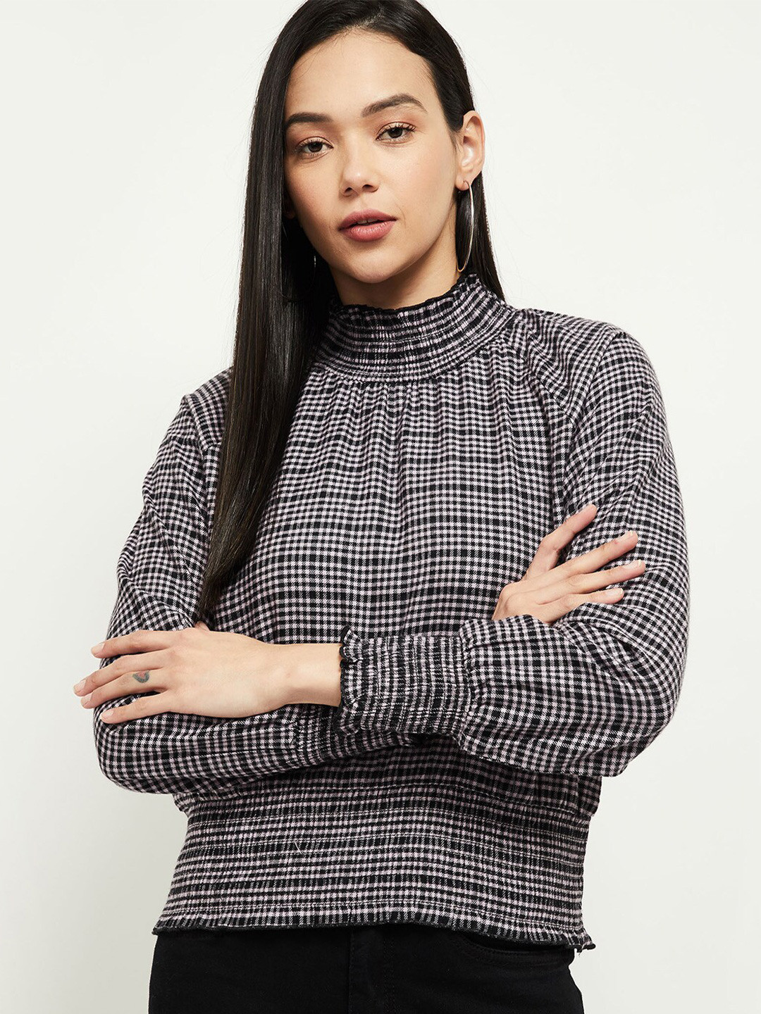 

max Purple & Black Checked High Neck Top
