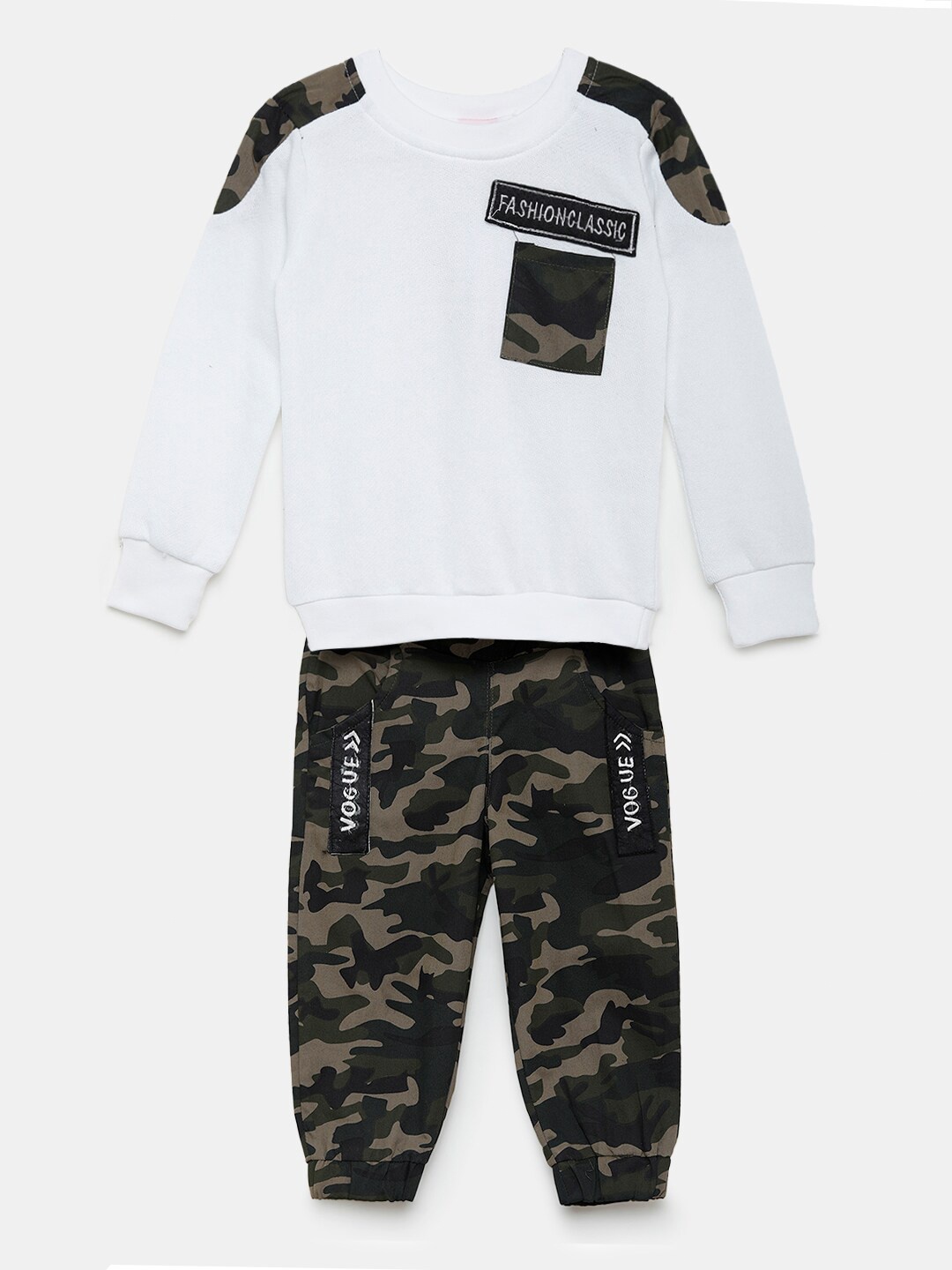 

Hopscotch Boys White & Green Camouflage Printed Sweatshirt with Joggers