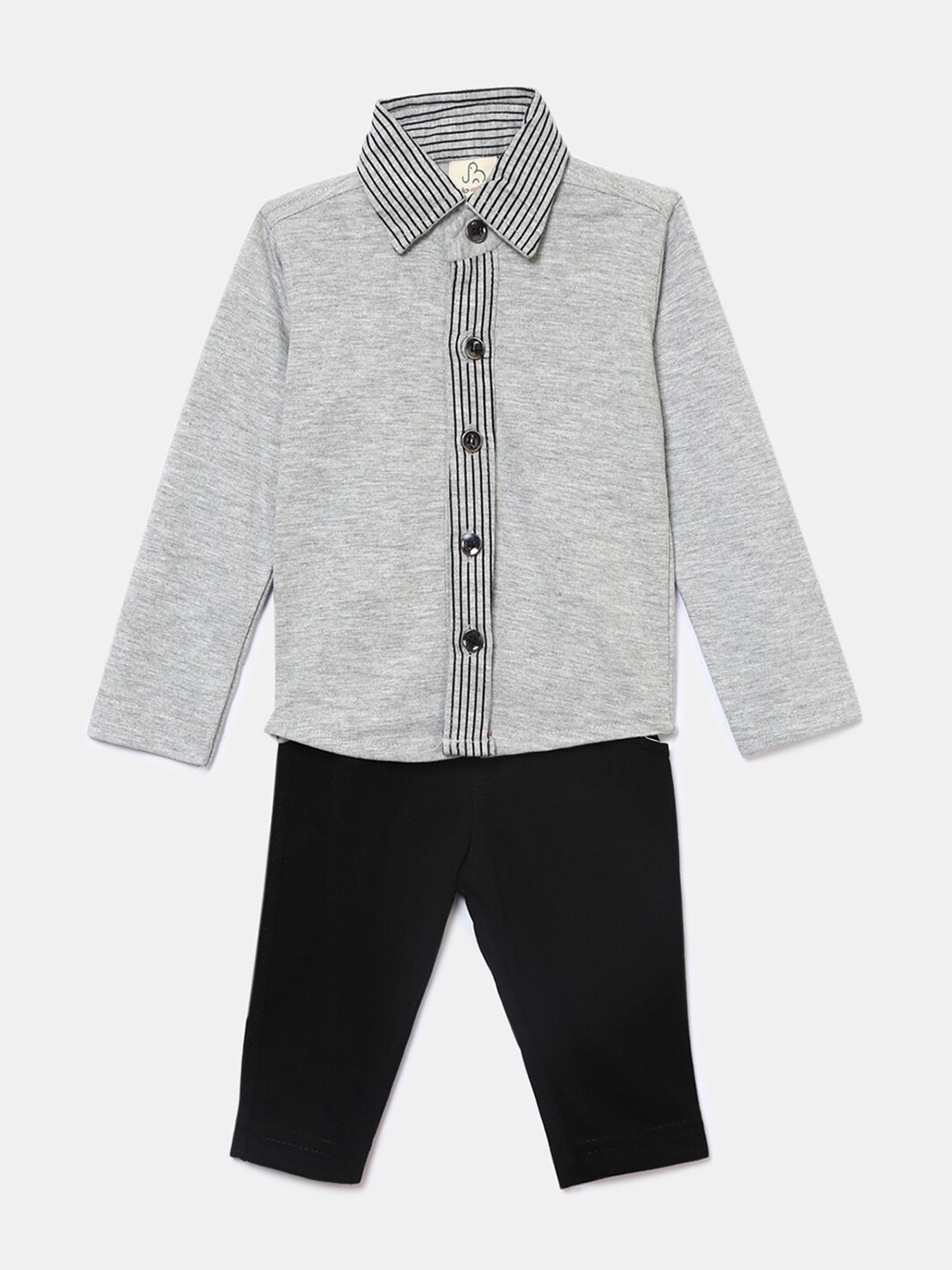 

Hopscotch Boys Black & Grey Melange Colourblocked Pure Cotton Shirt with Trousers