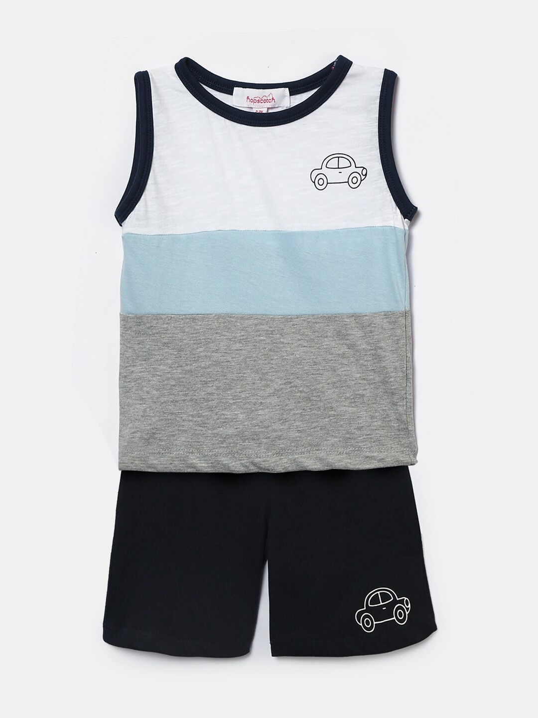 

Hopscotch Boys Blue & Black Colourblocked T-shirt with Shorts