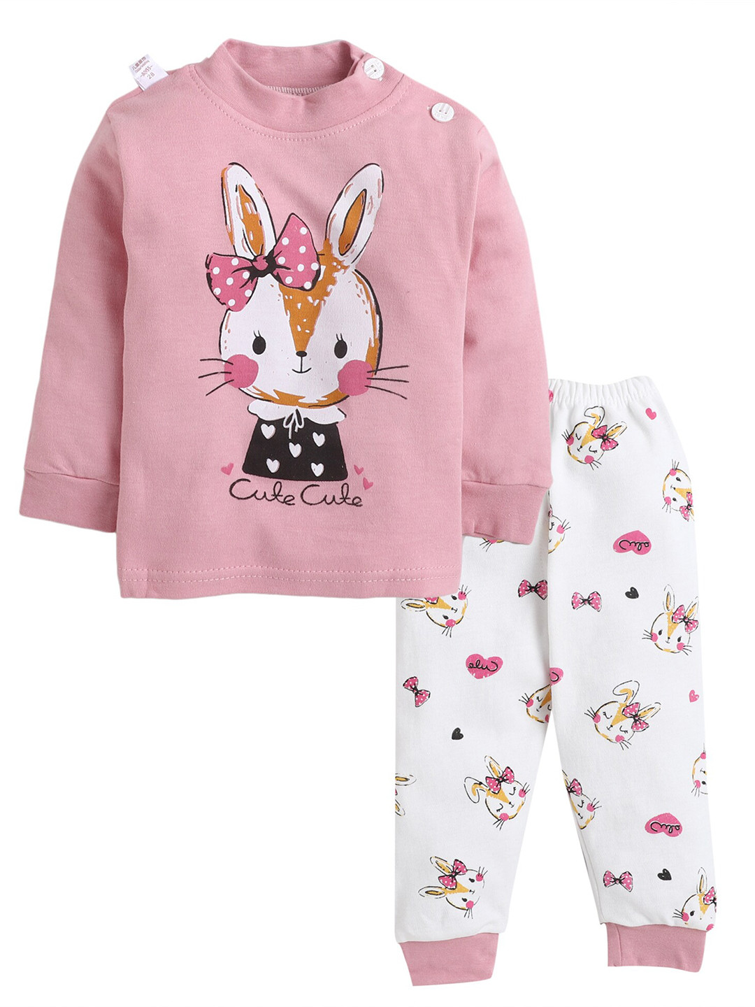 

Hopscotch Girls Pink & White Printed Night suit