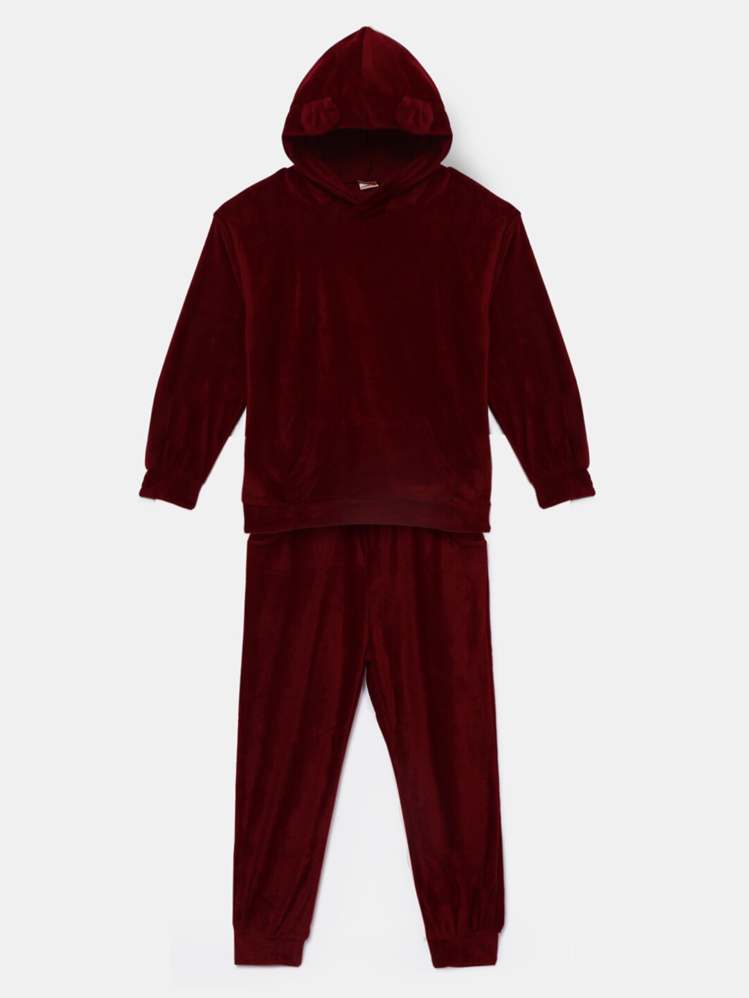 

Hopscotch Boys Maroon Velvet Hooded Sweatshirt with Joggers