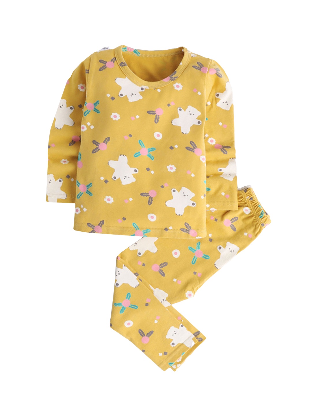 

Hopscotch Girls Yellow Printed Organic Cotton T Shirt & Pyjama