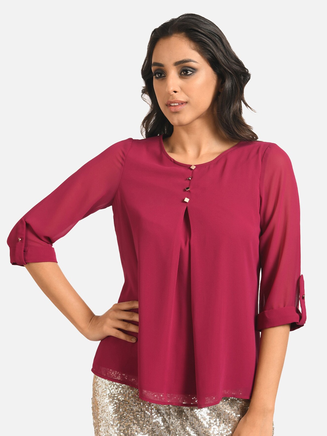 

ATTIC SALT Maroon Roll-Up Sleeves Georgette Top