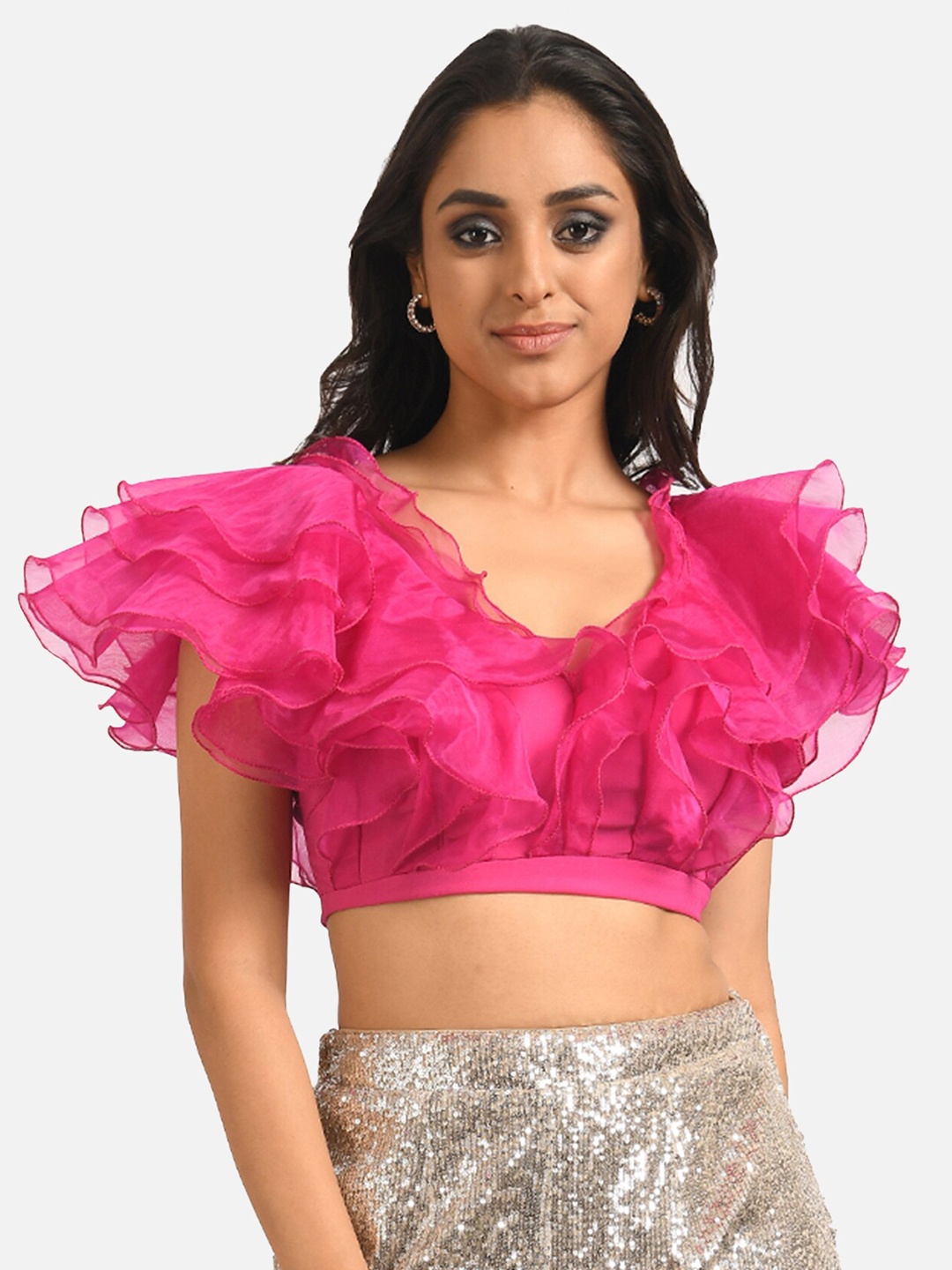

ATTIC SALT Pink Ruffles Georgette Crop Top