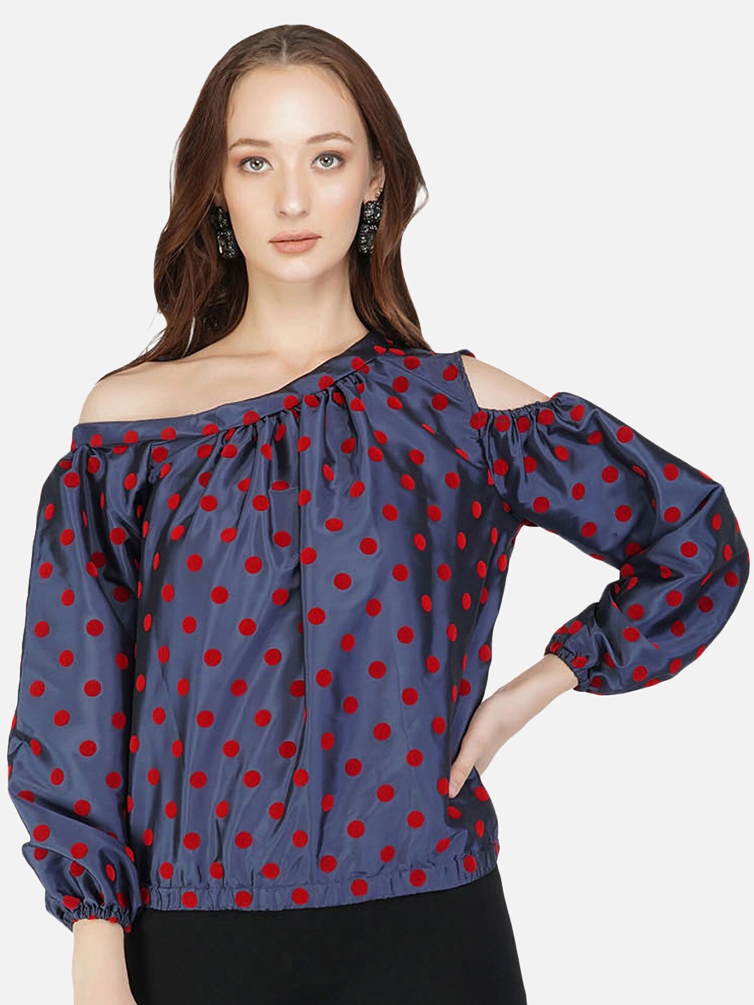 

ATTIC SALT Blue & Red Polka Dots Printed Satin Regular Top