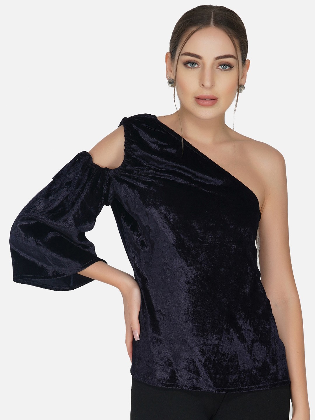 

ATTIC SALT Navy Blue & french middle red purple One Shoulder Velvet Top