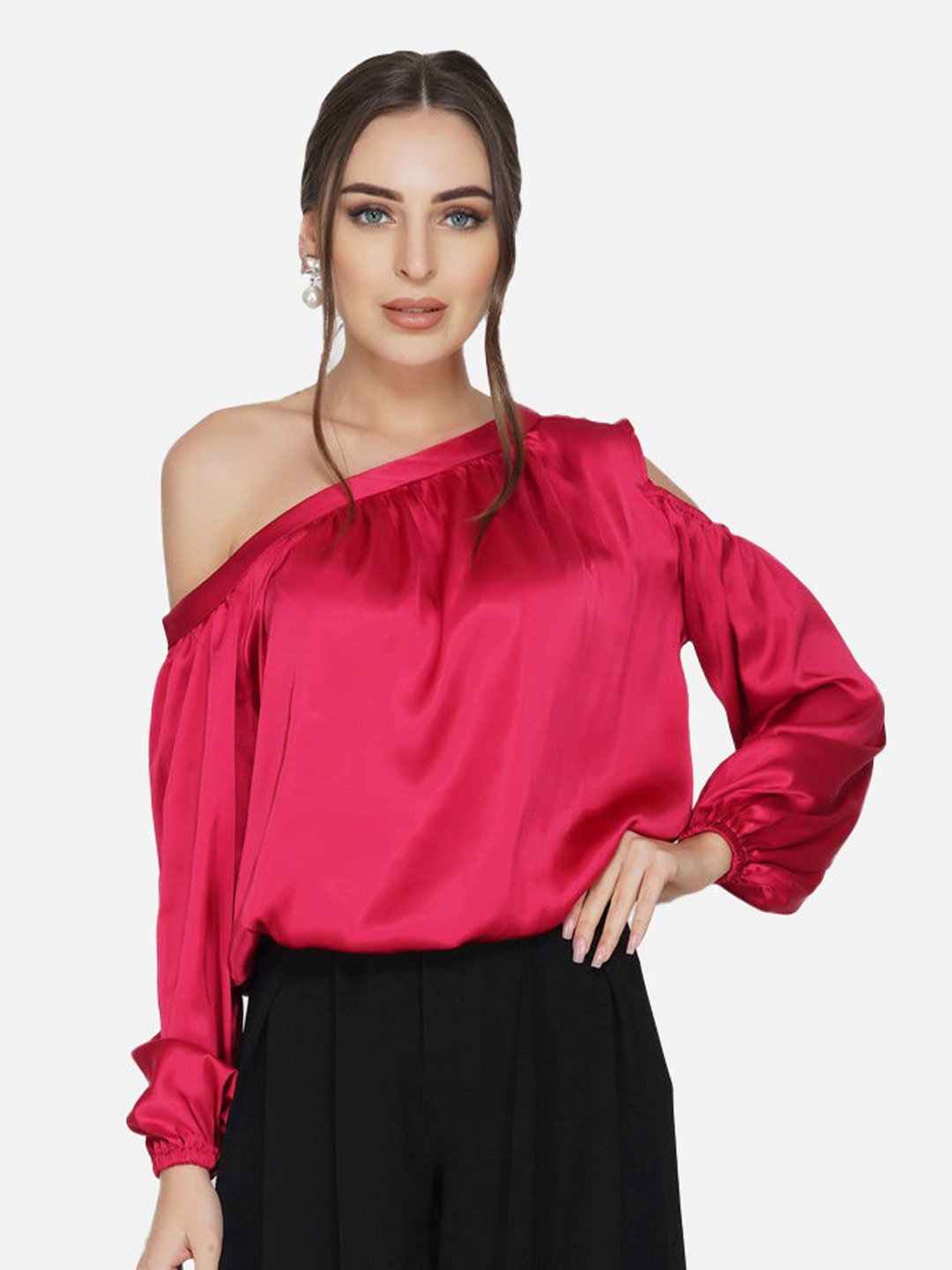 

ATTIC SALT Red One Shoulder Satin Top